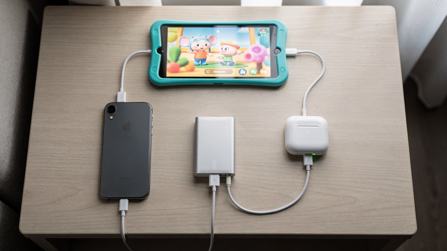 Preťažená turistická power banka nabíja tri rôzne zariadenia naraz: smartfón s logom Cellesim, detský tablet s rozprávkou a bezdrôtové slúchadlá, všetko položené na stole v hotelovej izbe.
