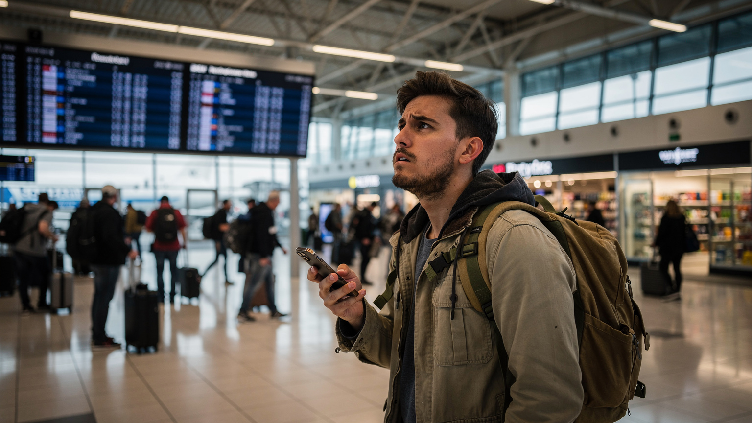 นักเดินทางกำลังมองหา Wi-Fi ฟรีที่สนามบินนานาชาติ JFK ในนิวยอร์กด้วยความกังวล เพราะ eSIM ยังไม่ได้เปิดใช้งานและแผนการเดินทางกำลังจะเริ่มขึ้น