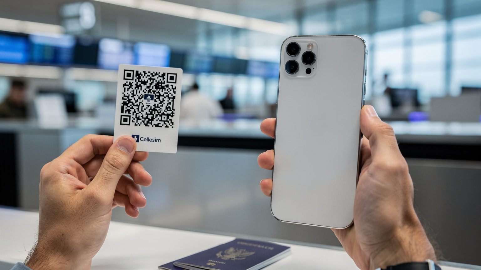 มือของนักเดินทางกำลังสแกน QR Code เพื่อเปิดใช้งาน eSIM บน iPhone 17 ของเธออย่างรวดเร็วที่จุดตรวจคนเข้าเมืองสนามบิน