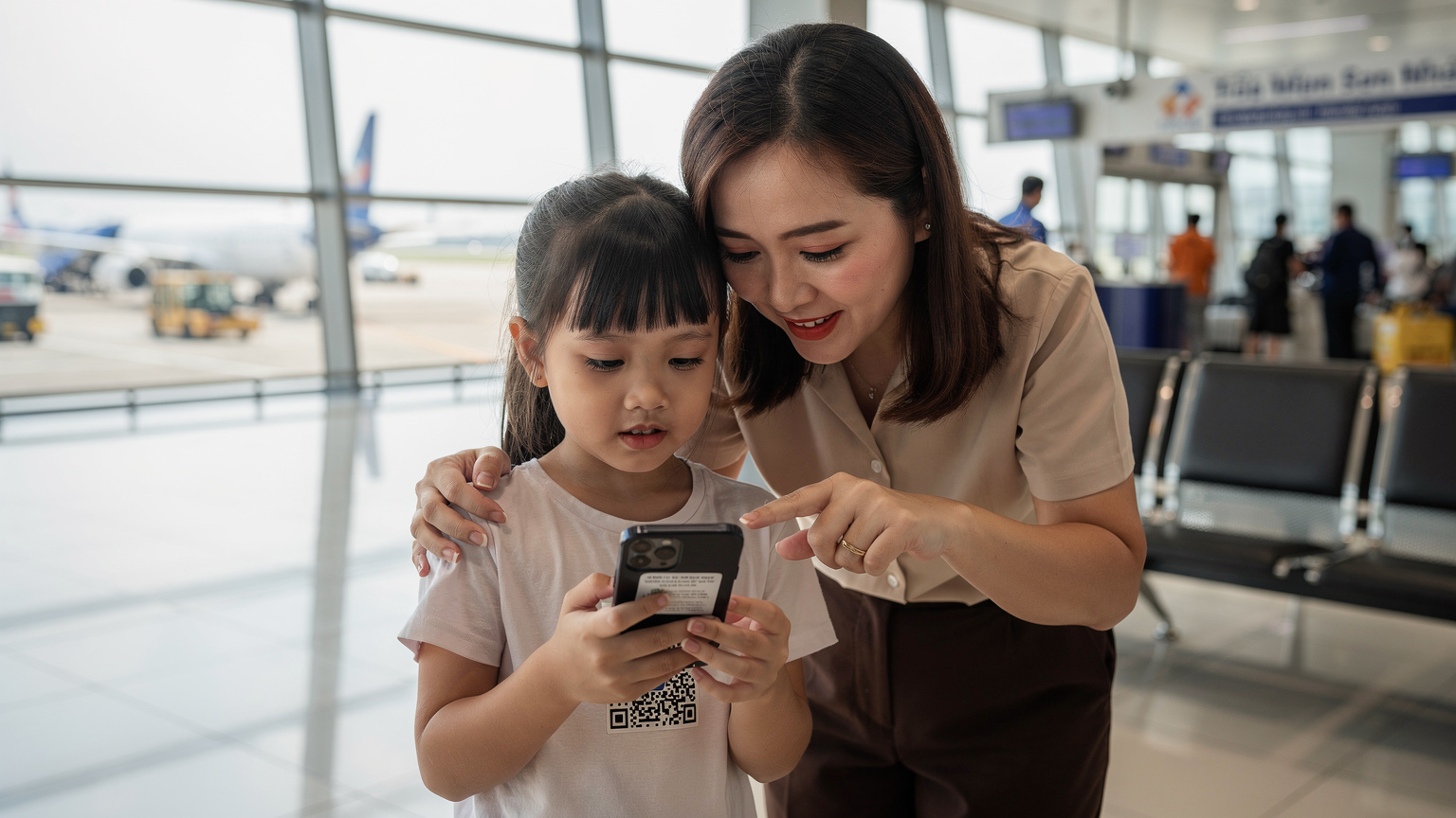 Một người mẹ Việt Nam đang mỉm cười hướng dẫn con gái quét mã QR eSIM trên điện thoại của cô bé tại sảnh chờ sân bay Tân Sơn Nhất, ánh nắng ban mai chiếu qua cửa sổ lớn.