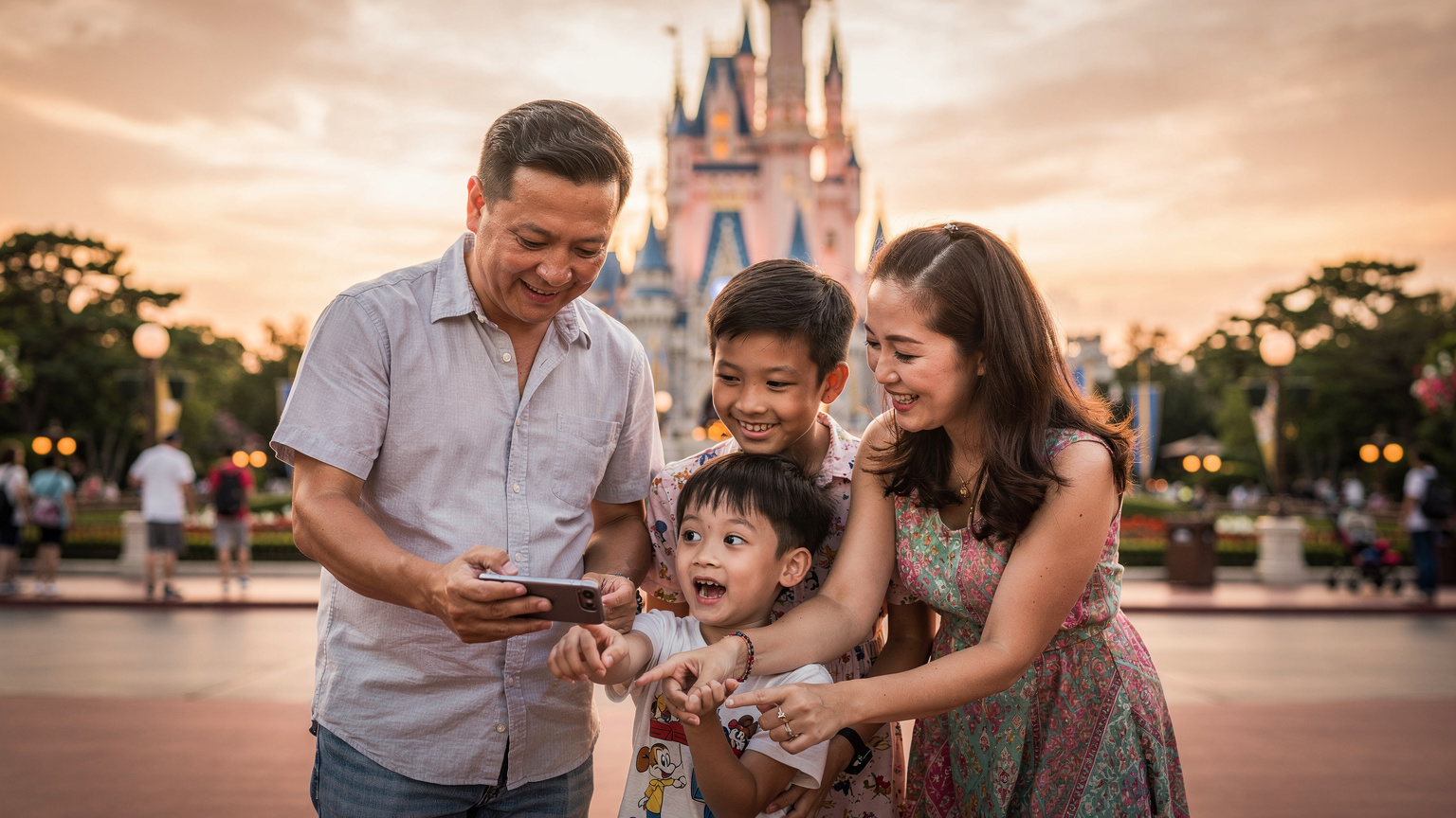 Gia đình Việt Nam hào hứng kiểm tra bản đồ Disneyland trên điện thoại bằng kết nối eSIM, với lâu đài Sleeping Beauty lấp lánh trong ánh hoàng hôn tại Disneyland Tokyo.