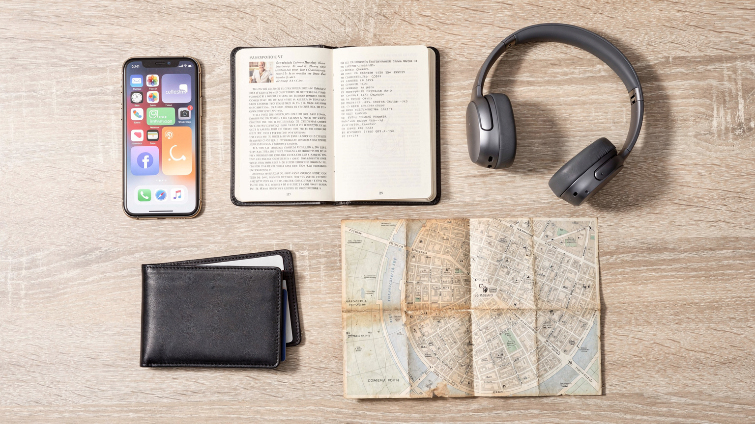 An overhead flat-lay shot of travel essentials on a light wooden table: a passport, a smartphone showing the Cellesim app (no legible text), a pair of wireless headphones, a small travel wallet, and a folded map of a European city.