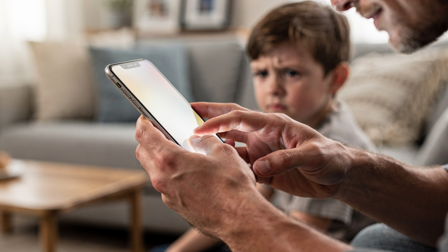 A close-up of a parent's hands setting up screen time limits on an iPhone, with a blur of a child's face in the background looking slightly disappointed. The focus is on the phone screen (without legible text) and the parent's fingers navigating settings.