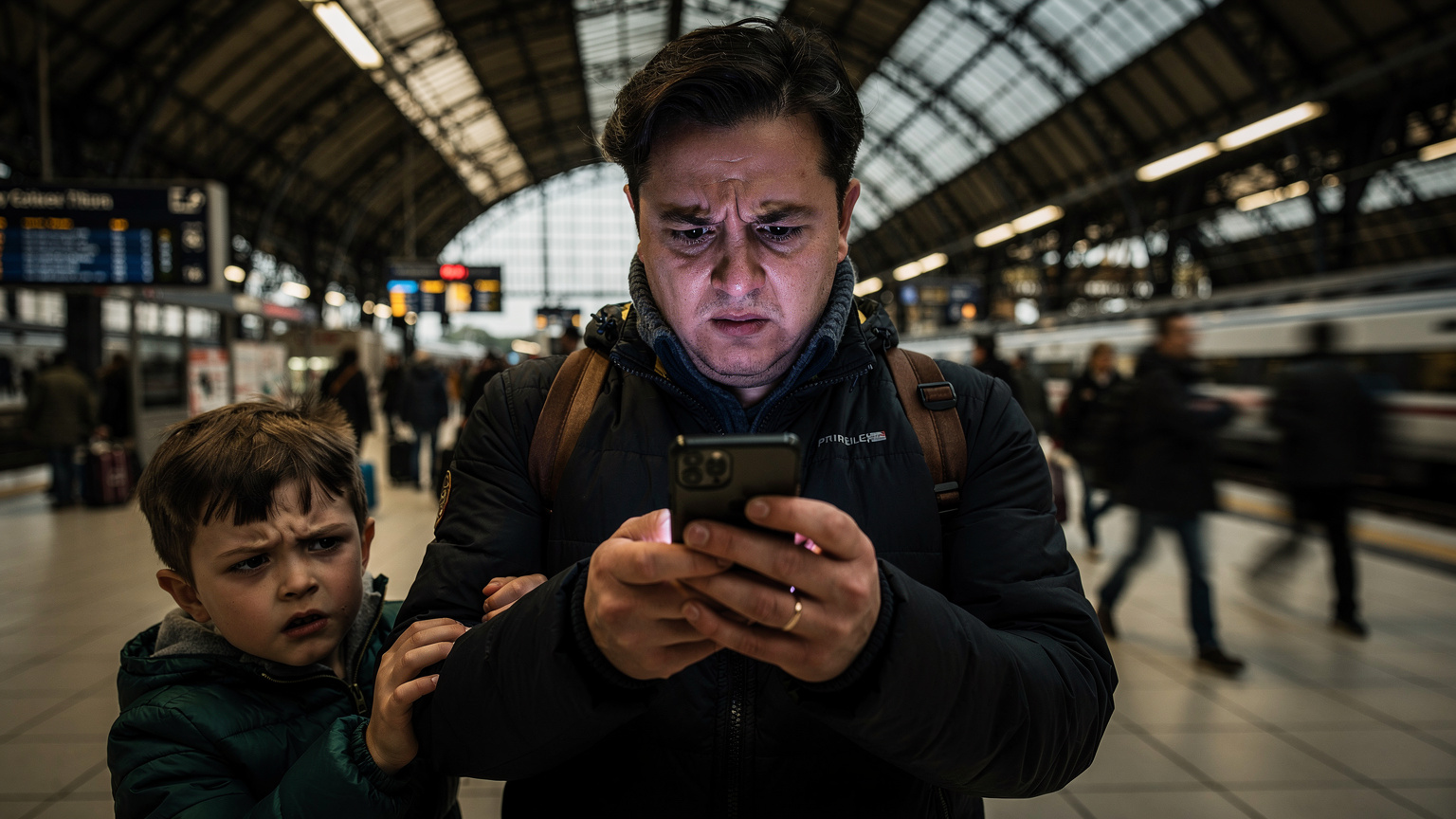A frustrated parent in a bustling foreign train station (e.g., Gare du Nord, Paris) looking at their smartphone with a concerned expression, while a child tugs at their arm. The background shows blurred commuters and train signs.