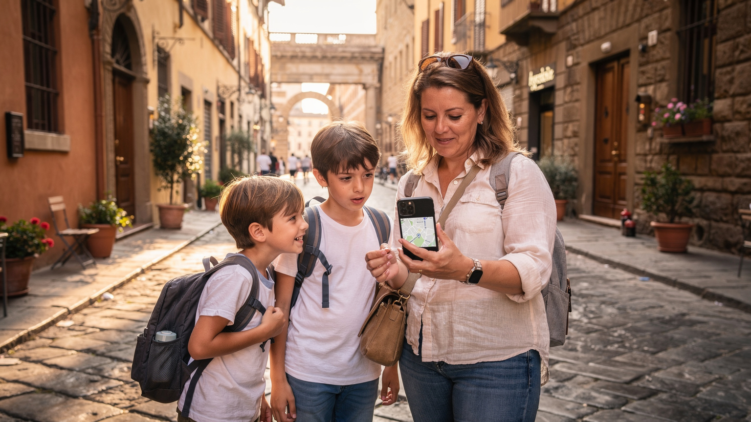 A mother with her two children, aged 7 and 10, looking at a map on a smartphone while standing on a charming cobblestone street in a historic European city, like Florence. The children appear curious and engaged.