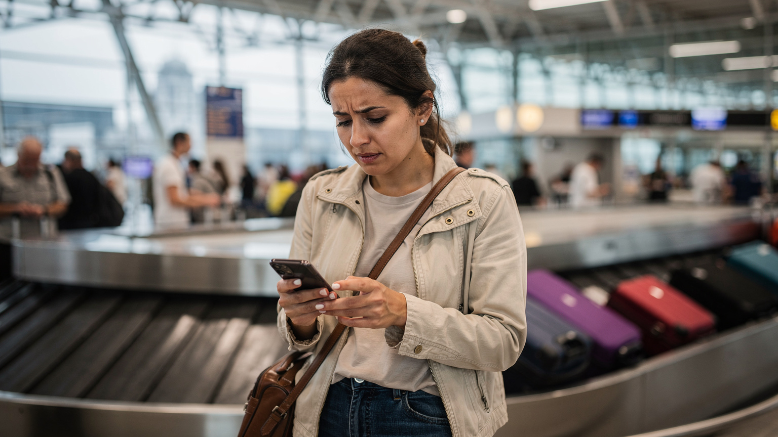 Een reiziger kijkt zorgelijk naar haar telefoon op een drukke luchthaven, mogelijk door een haperende verbinding of installatieprobleem, met een bagageband op de achtergrond.