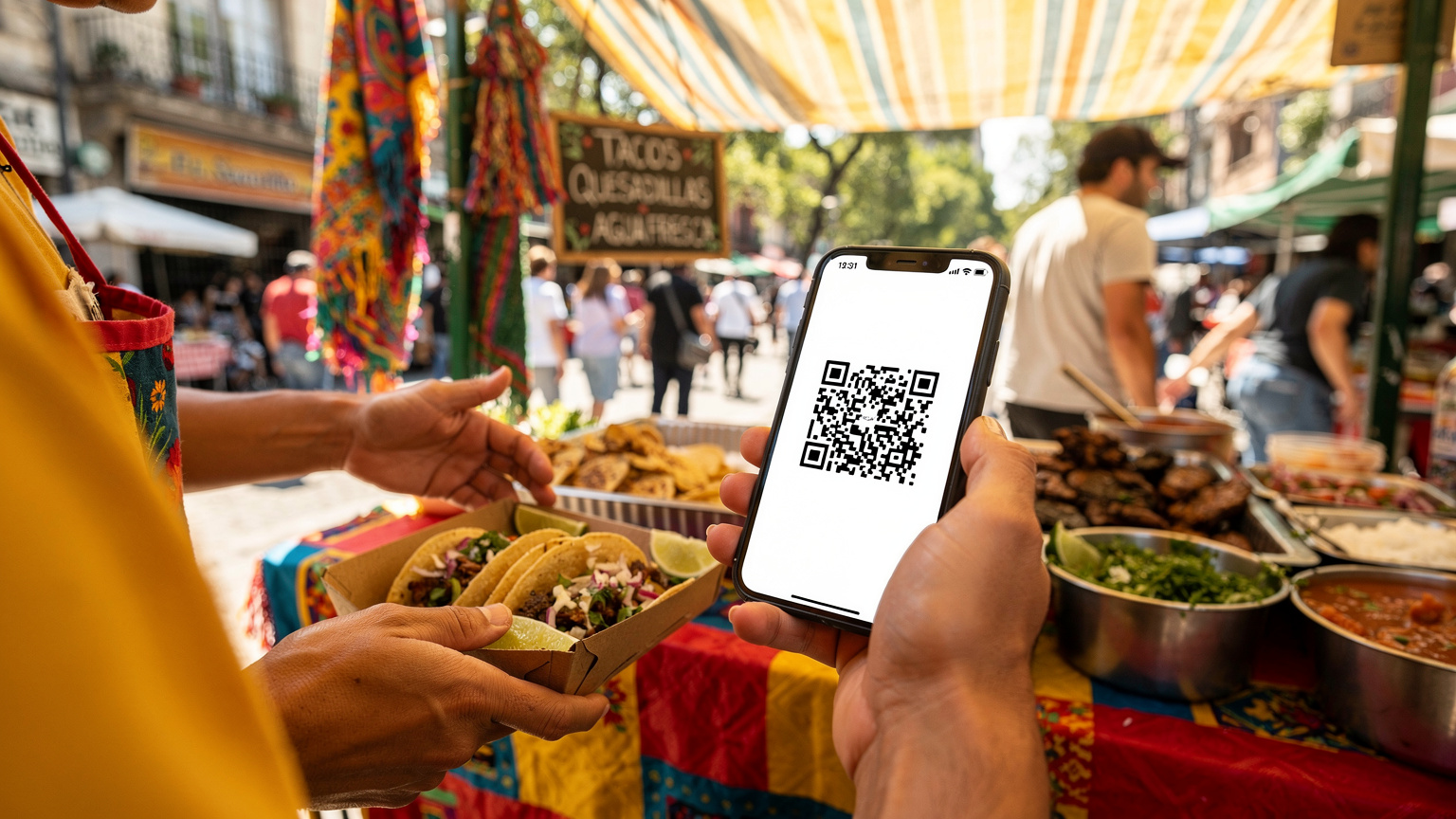 Een levendige straatmarkt in Mexico-Stad, Condesa, met een mobiele telefoon die wordt gebruikt om een QR-code van een straatverkoper te scannen, te midden van kleurrijke kraampjes en lokale bedrijvigheid.