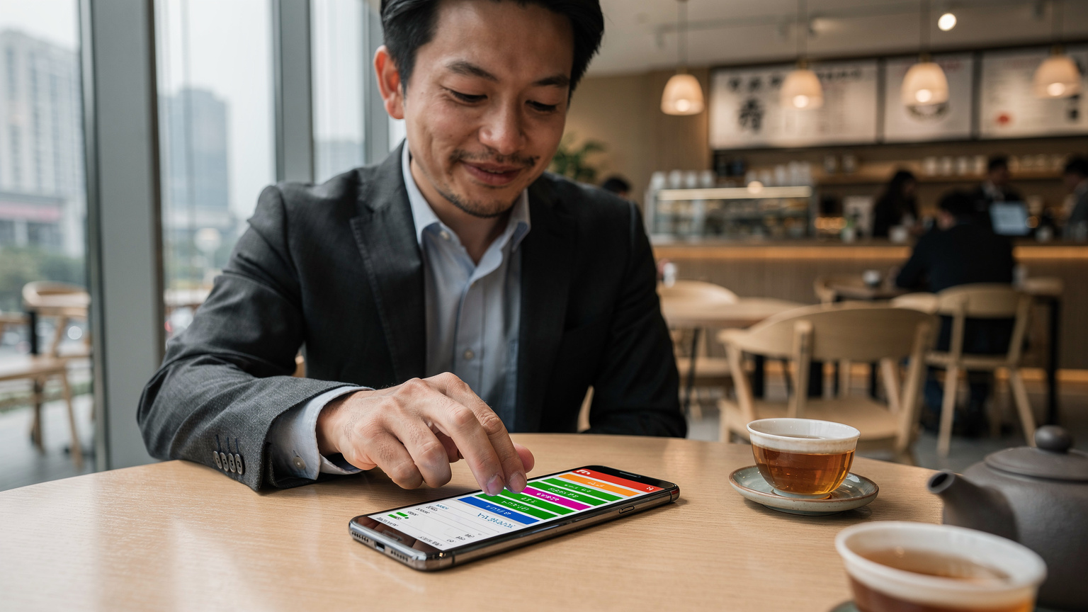 中国のモダンなカフェで、テーブルに置かれたスマートフォンで速度テストの結果画面を確認している日本人ビジネスマン。彼の表情は満足げで、隣には中国茶のカップがある。