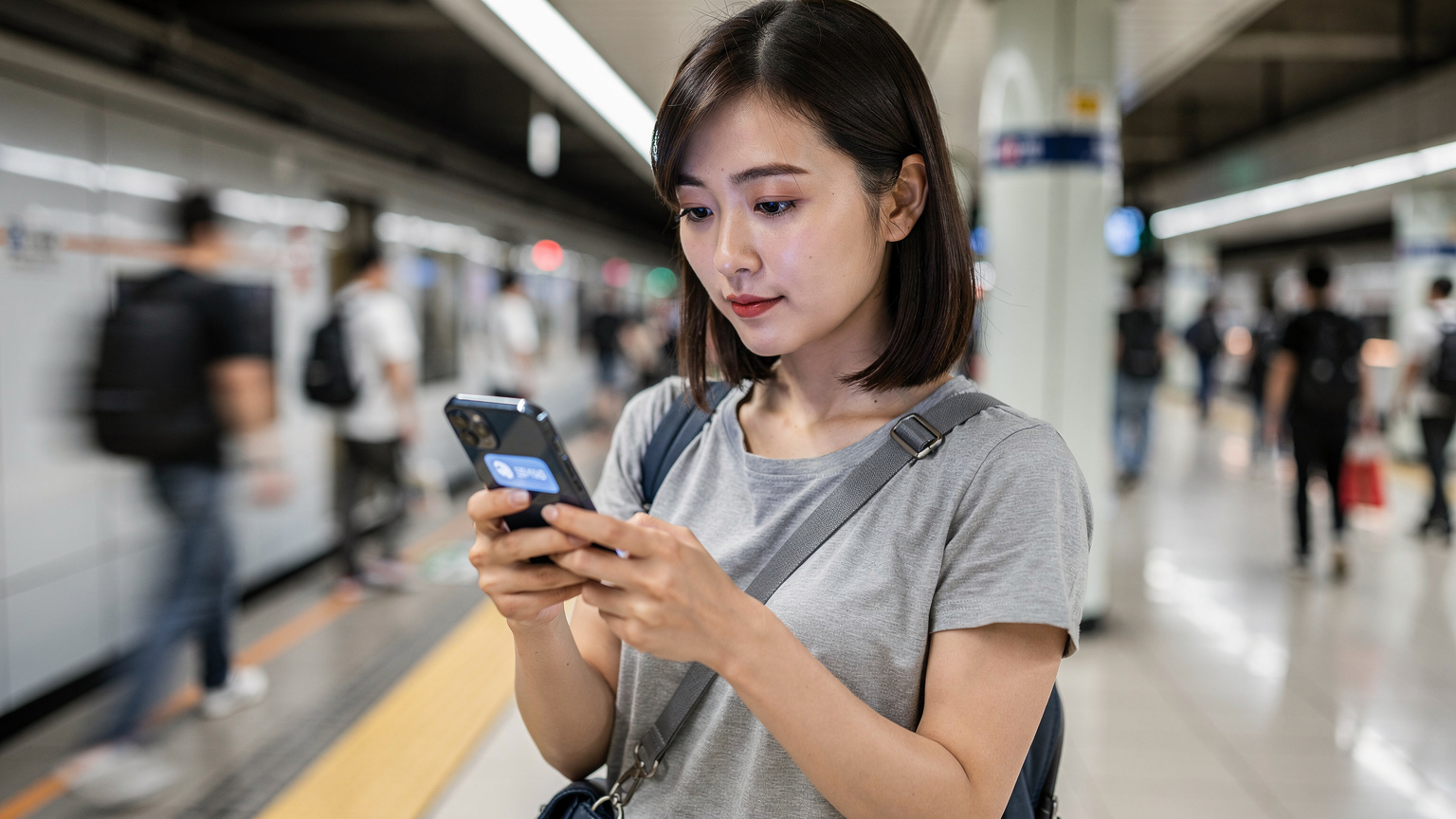 上海の賑やかな地下鉄駅で、スマートフォンを使ってeSIM設定を確認している日本人旅行者。周囲の地元の人々が忙しく行き交う中、彼女は落ち着いて操作している。