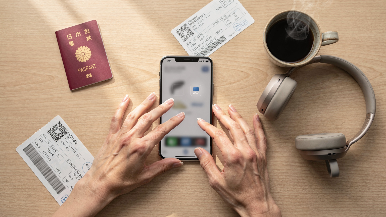 日本の自宅のデスクで、パスポート、搭乗券、そしてスマートフォンを広げ、中国旅行用のeSIMを慎重に設定している女性の手元をオーバーヘッドで撮影。手元にはコーヒーカップが置かれている。