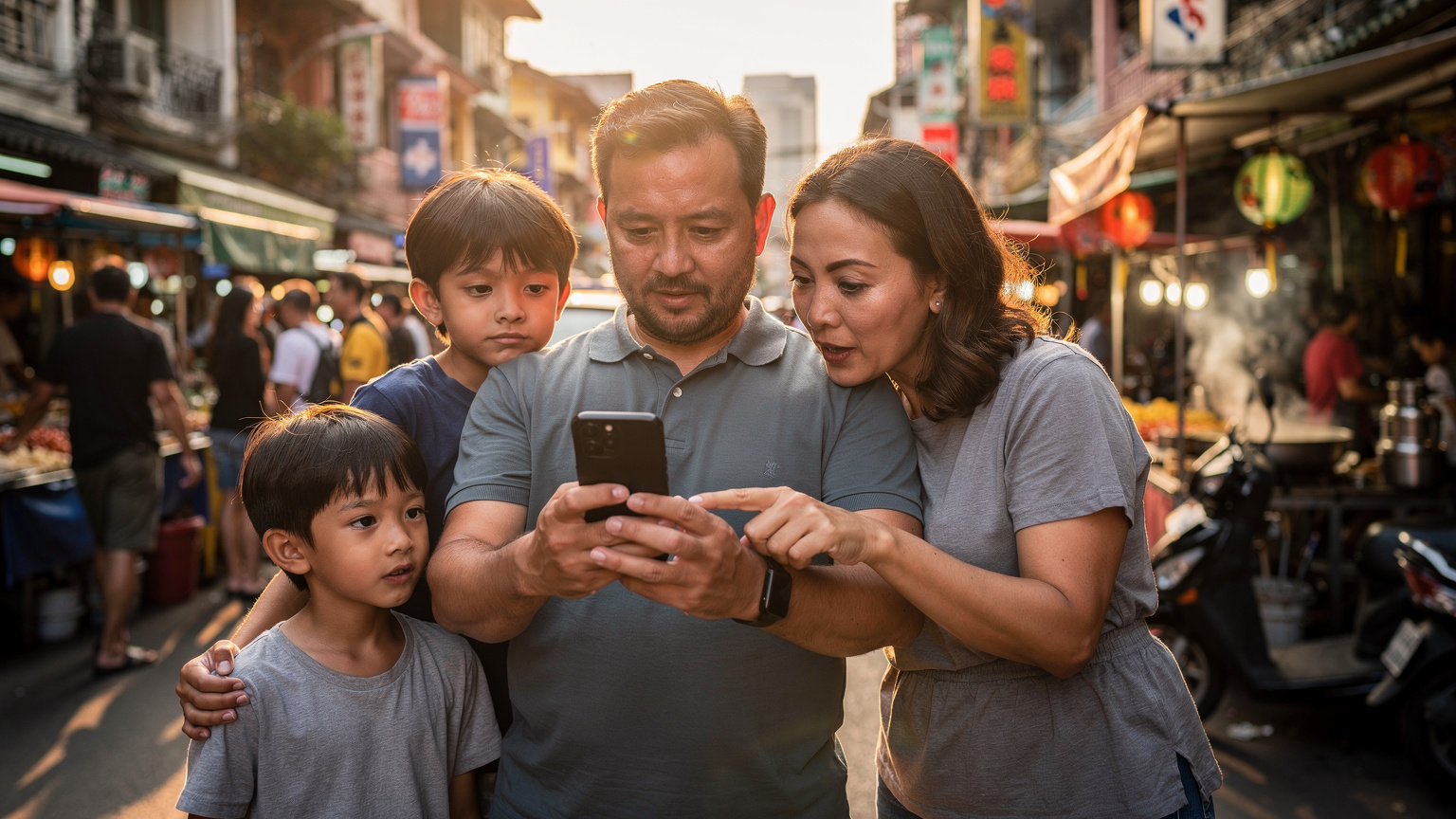 Une famille avec des enfants regardant un plan de Bangkok sur un smartphone, cherchant leur chemin dans une rue animée de Yaowarat, des étals de nourriture et des passants en arrière-plan, sous un soleil doux de fin d'après-midi.