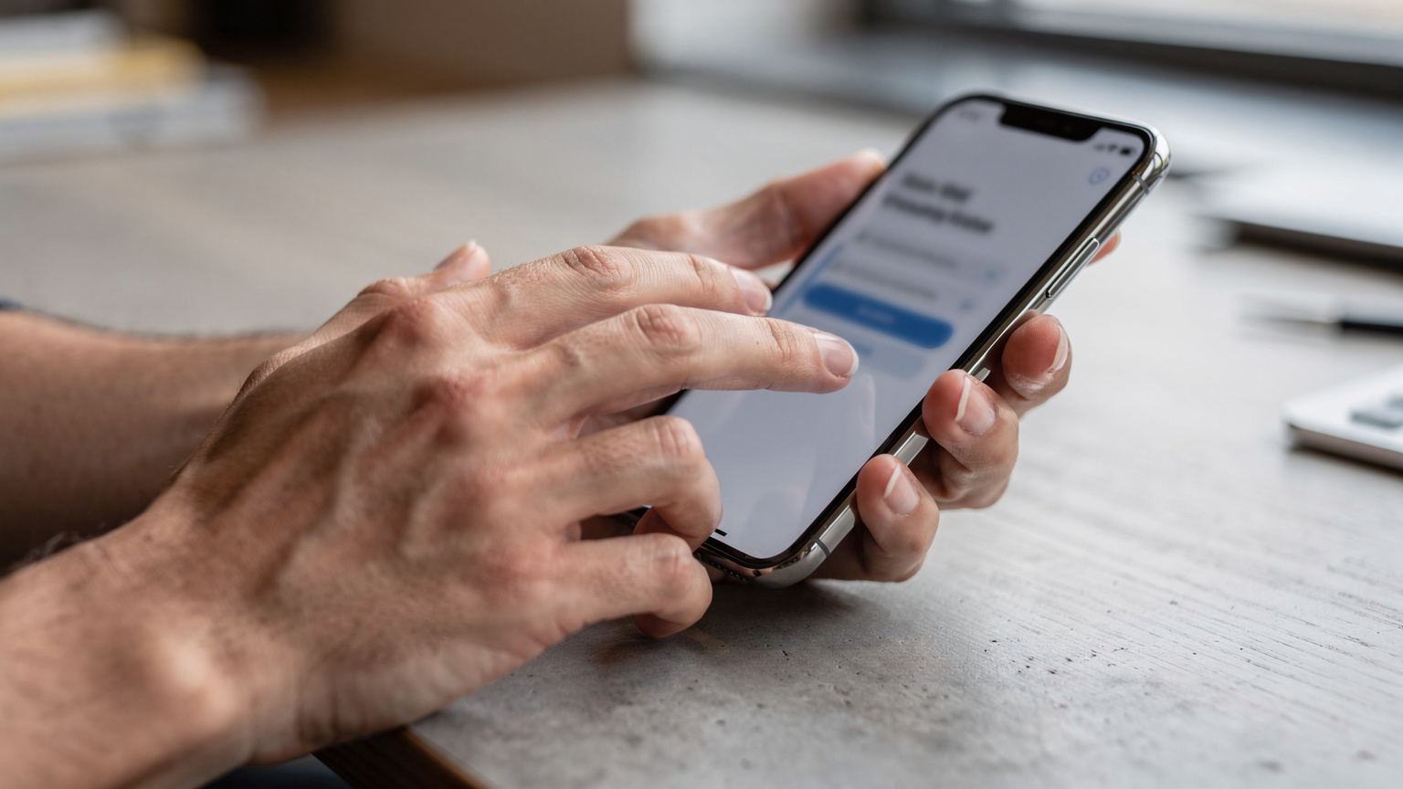 Nahaufnahme der Hände einer Person, die auf einem Smartphone-Bildschirm wischt und tippt, während sie die Einstellungen für eine eSIM konfiguriert. Der Fokus liegt auf der Interaktion, nicht auf dem Bildschirminhalt.