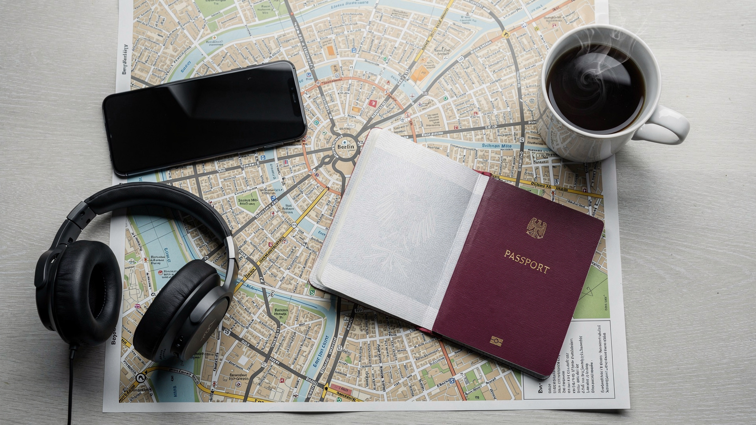 Eine stilvolle Overhead-Ansicht eines Schreibtisches im Co-Working Space, mit einem Smartphone, einem Reisepass, Kopfhörern, einer Tasse Kaffee und einer detaillierten Karte von Berlin, die eine Mischung aus Reiseplanung und Arbeit widerspiegelt.