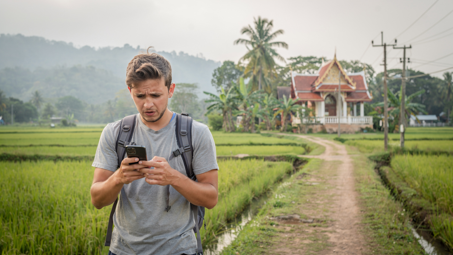 Ein Reisender prüft besorgt sein Smartphone in einer ländlichen Region Thailands, während im Hintergrund Reisfelder und ein kleiner Tempel zu sehen sind, was auf mögliche Verbindungsprobleme hindeutet.