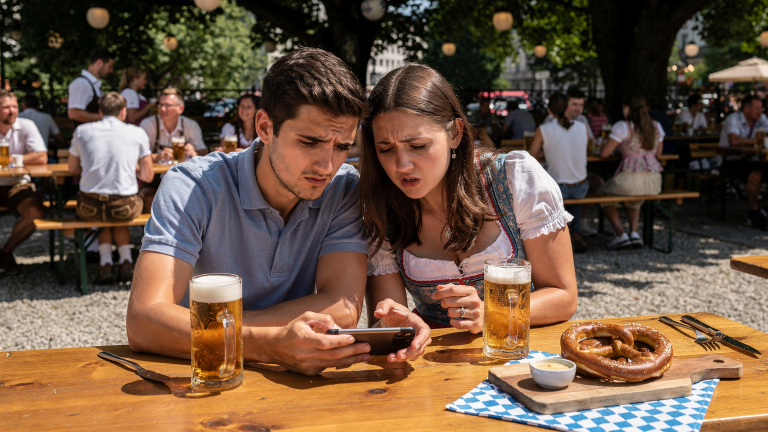 Ein junges Paar sitzt in einem typisch deutschen Biergarten in München, beide blicken besorgt auf ein Smartphone, das eine Fehlermeldung anzeigt, während im Hintergrund fröhliche Menschen ihr Bier genießen. Die Situation wirkt leicht frustrierend.