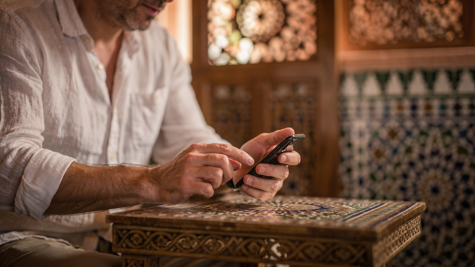 Ein Reisender prüft aufmerksam die eSIM-Kompatibilität seines Smartphones, während er in einem belebten Café in Marrakesch sitzt, umgeben von traditionellen Mustern und sanftem Licht.