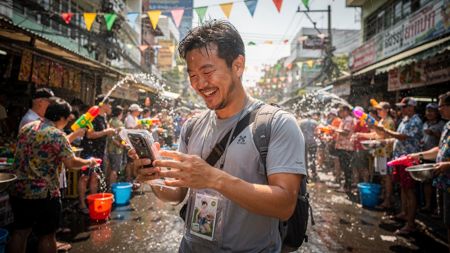 タイのソンクラーン祭りの賑やかな通りで、水しぶきを浴びながらもスマートフォンを防水ケースに入れ、LINEでリアルタイムの体験を友人や家族と共有している旅行者。