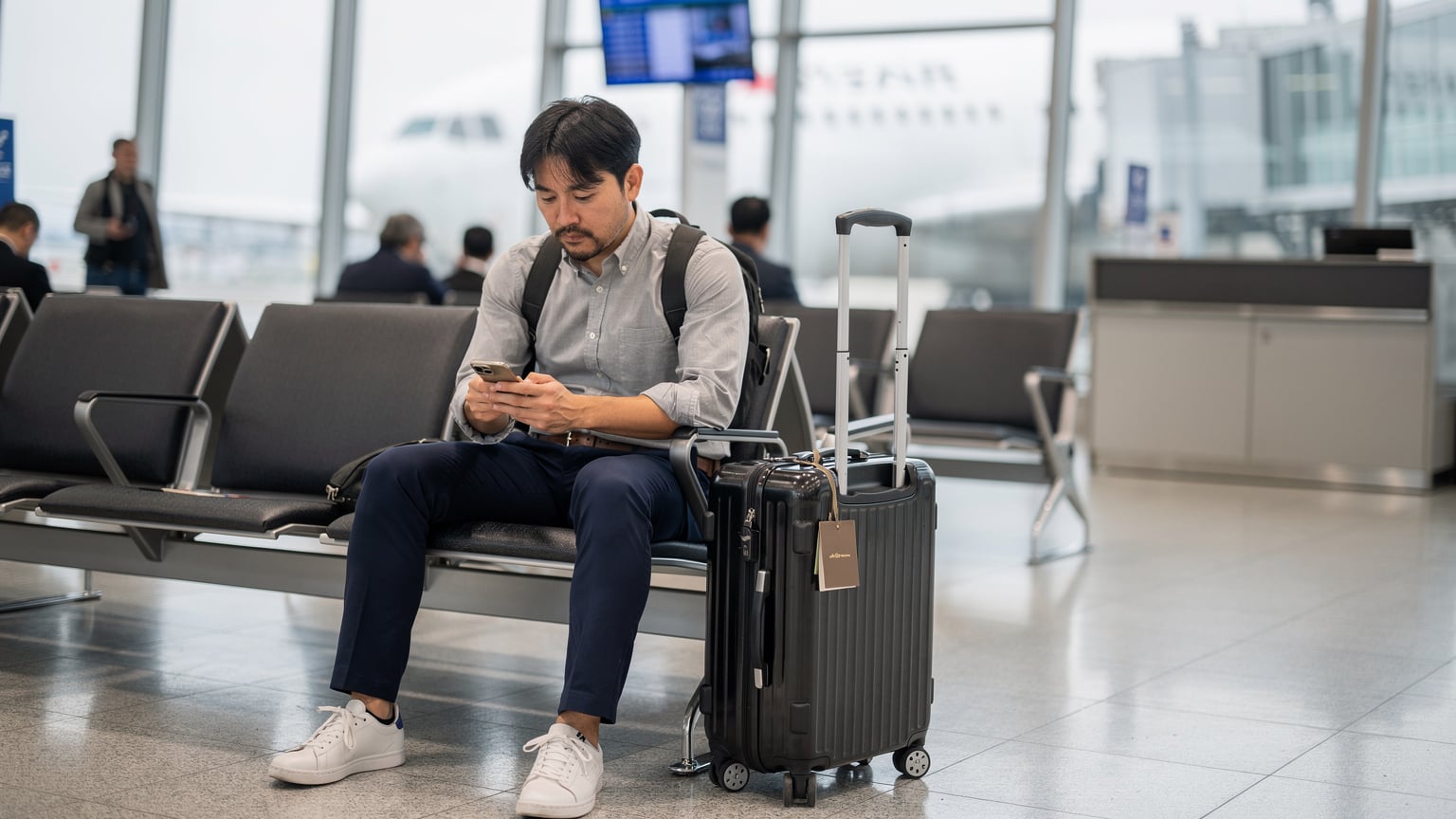 羽田空港の国際線ターミナルで、搭乗を待つ旅行者が、eSIMのインストール手順をスマートフォンで確認し、少し困惑した表情を浮かべている様子。