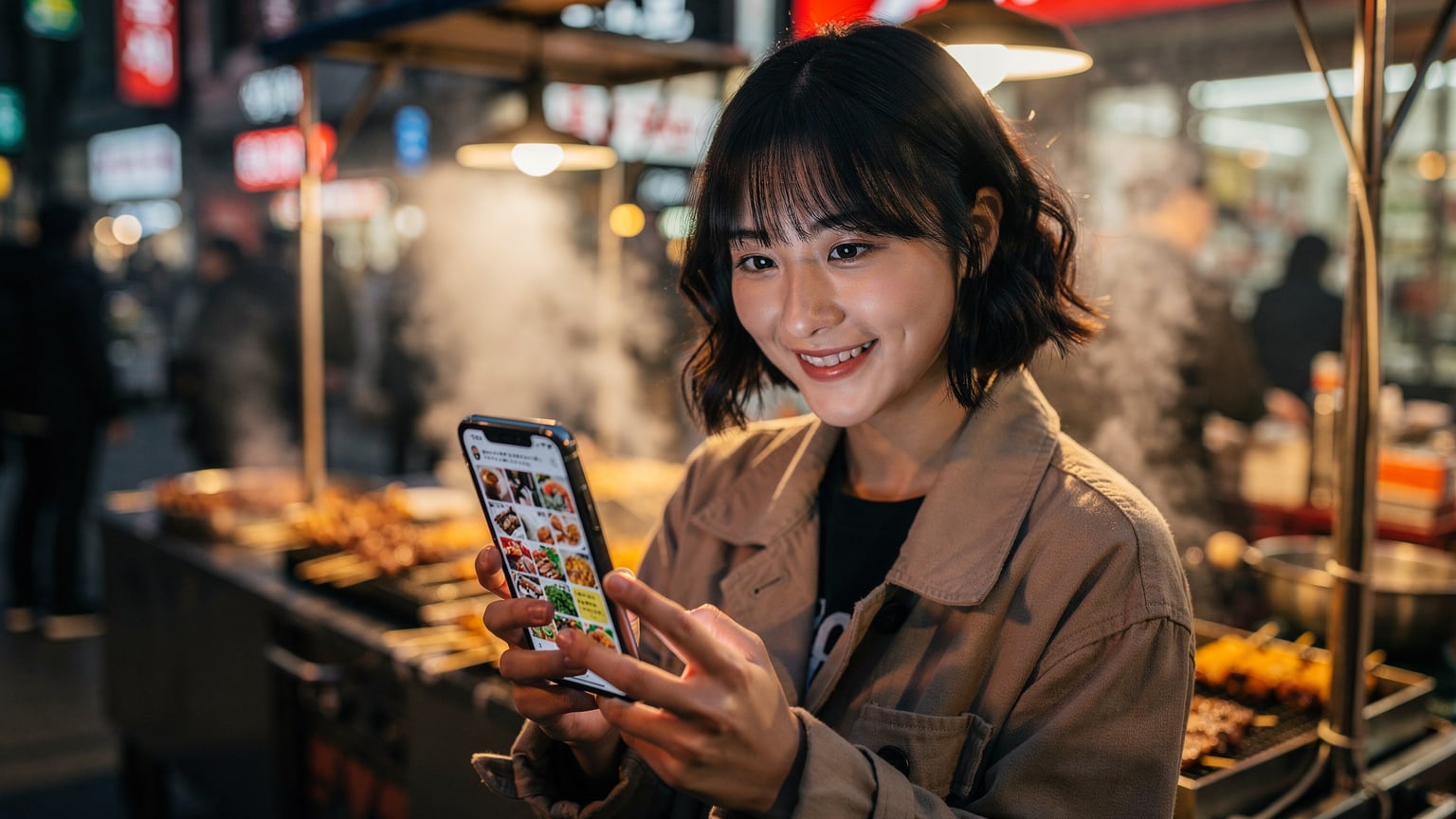 韓国の明洞屋台街で、eSIMで接続されたスマートフォンを使ってLINEで友人と連絡を取りながら、ストリートフードの写真を共有している様子。