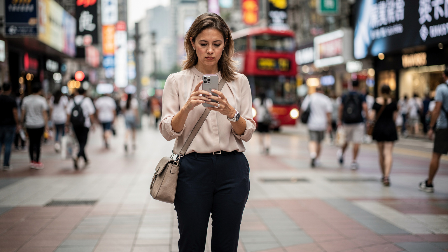 一位手持港版 iPhone 的旅客,正在香港銅鑼灣時代廣場附近的人行道上,準備通過手機激活 eSIM。