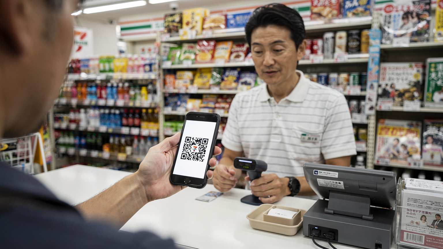 一個正在日本便利店(如7-Eleven或Lawson)櫃檯付款的場景,背景是各種日式商品,收銀員正在操作,展現了日本日常生活的數位支付和便利性。