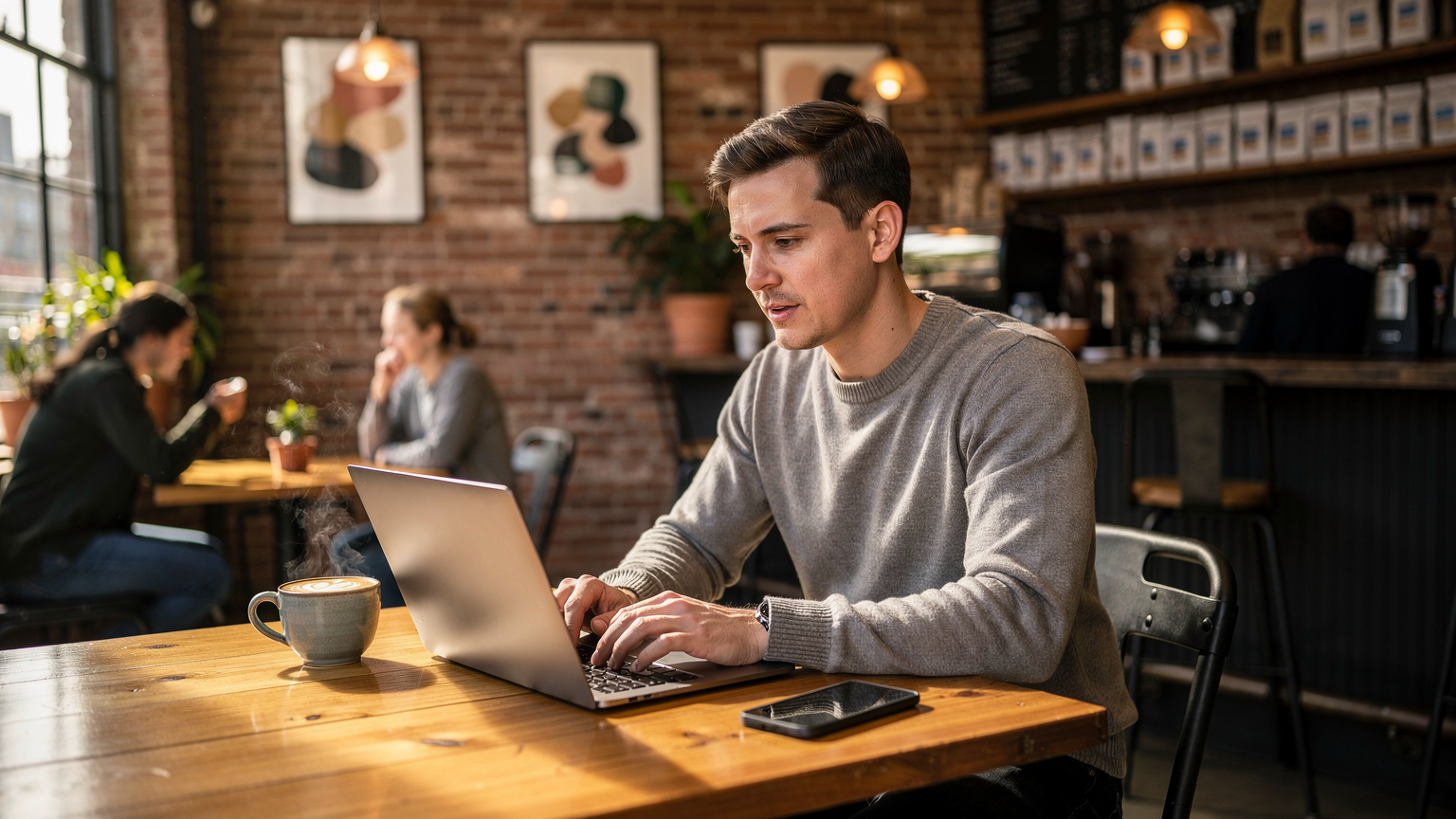 A person working remotely on a laptop at a rustic coffee shop in Portland, Oregon, with their smartphone visible next to them, depicting the digital nomad's reliance on connectivity.