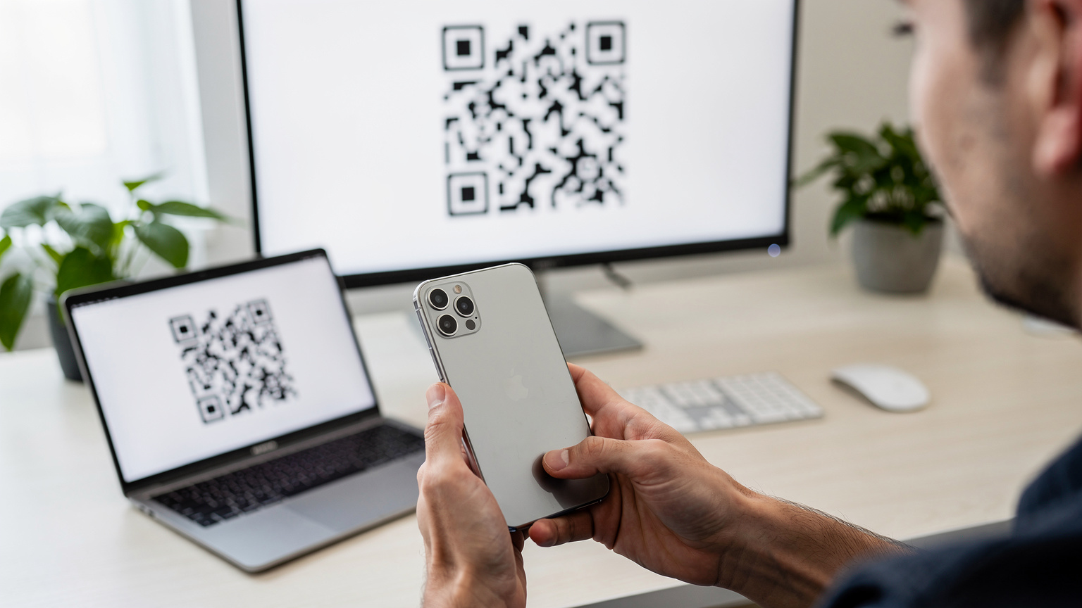 A close-up of a hand holding an iPhone, pointing it towards a computer screen displaying a QR code, illustrating the simple process of scanning an eSIM for activation.