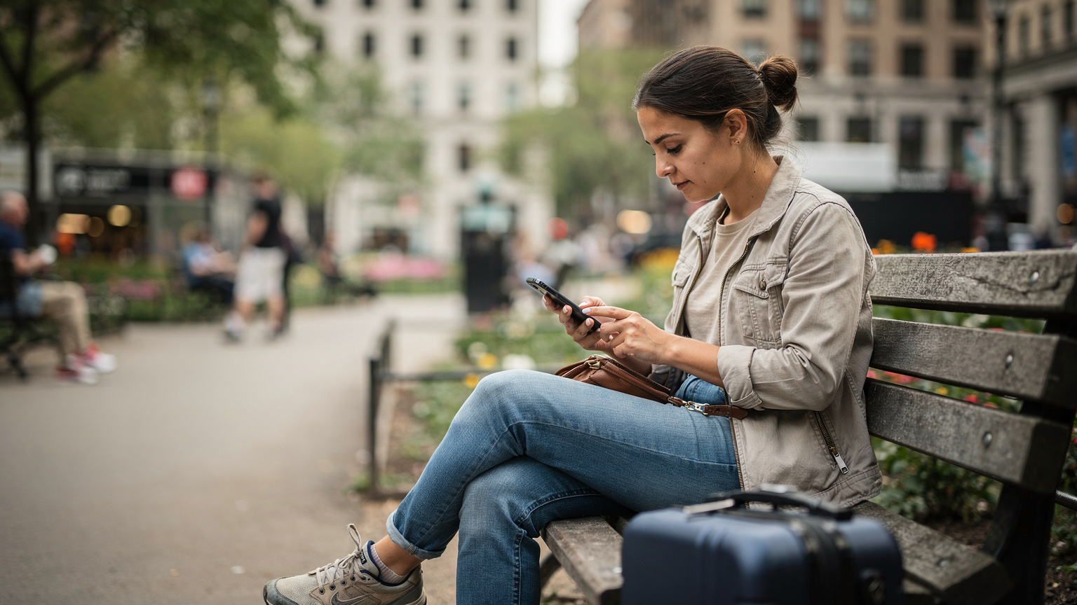 Mladá žena s telefonem v ruce kontroluje jízdní řády metra na lavičce na Union Square v New Yorku.
