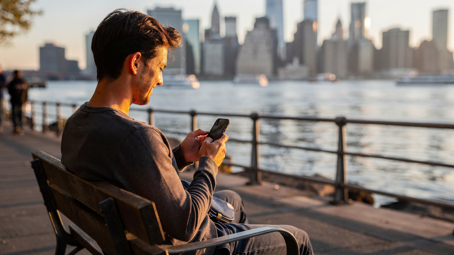 Cestovatel s úlevou používá svůj telefon na lavičce u řeky Hudson, s výhledem na panorama Manhattanu, po úspěšné aktivaci eSIM.