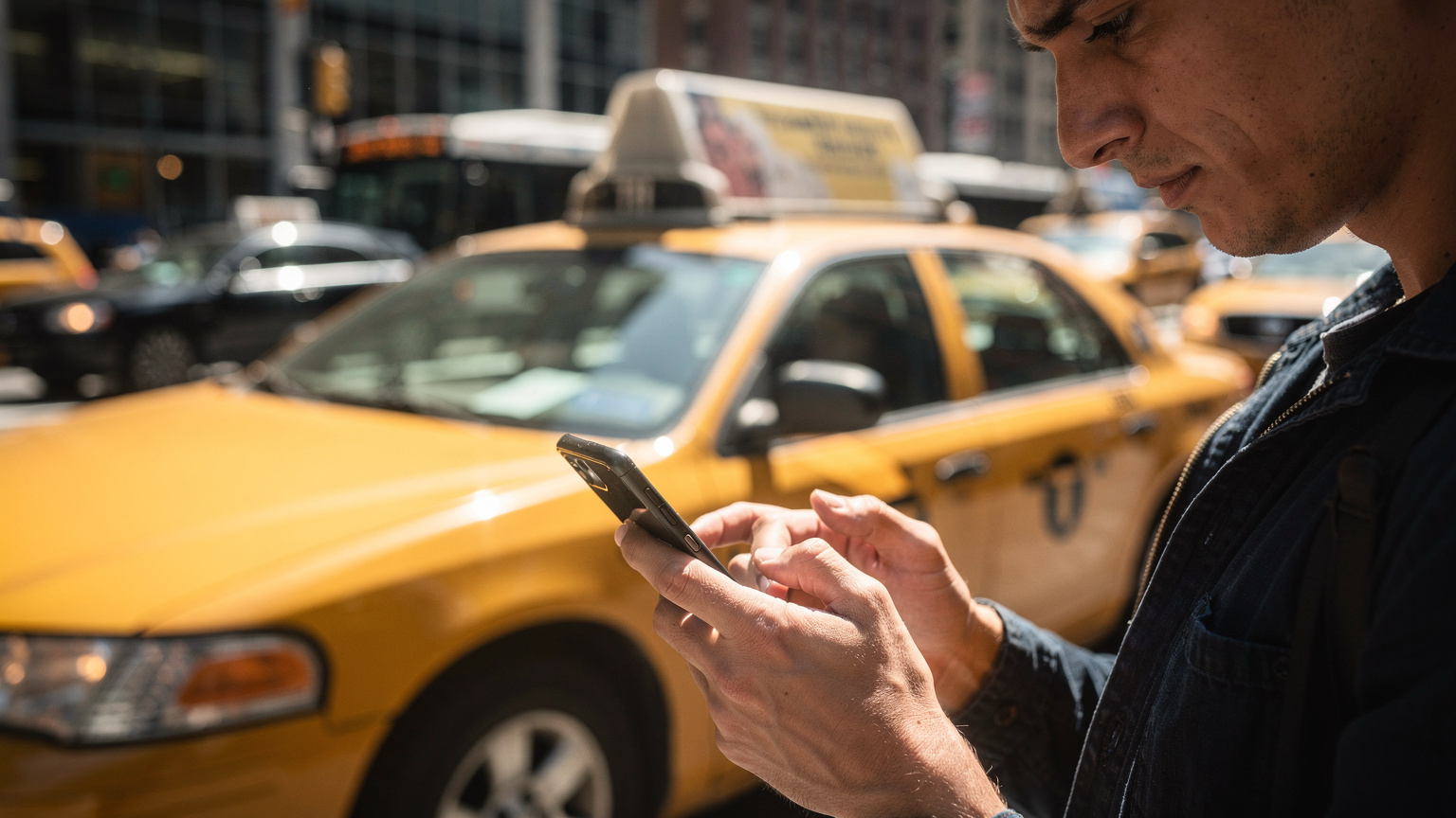 Ruce cestovatele drží telefon a zkoumavě se dívají na obrazovku, zatímco stojí před ikonickou žlutou taxíkem v New Yorku, což naznačuje okamžik hledání řešení problému s připojením.