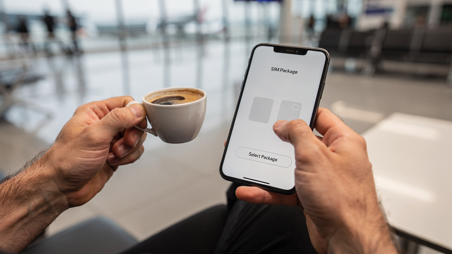 Havalimanı bekleme salonunda, Türk kahvesi bardağının yanında duran bir akıllı telefonun ekranında Cellesim uygulamasındaki eSIM paket seçim ekranı açık. Bir el, ekrandaki bir paketi seçmek üzere dokunuyor.
