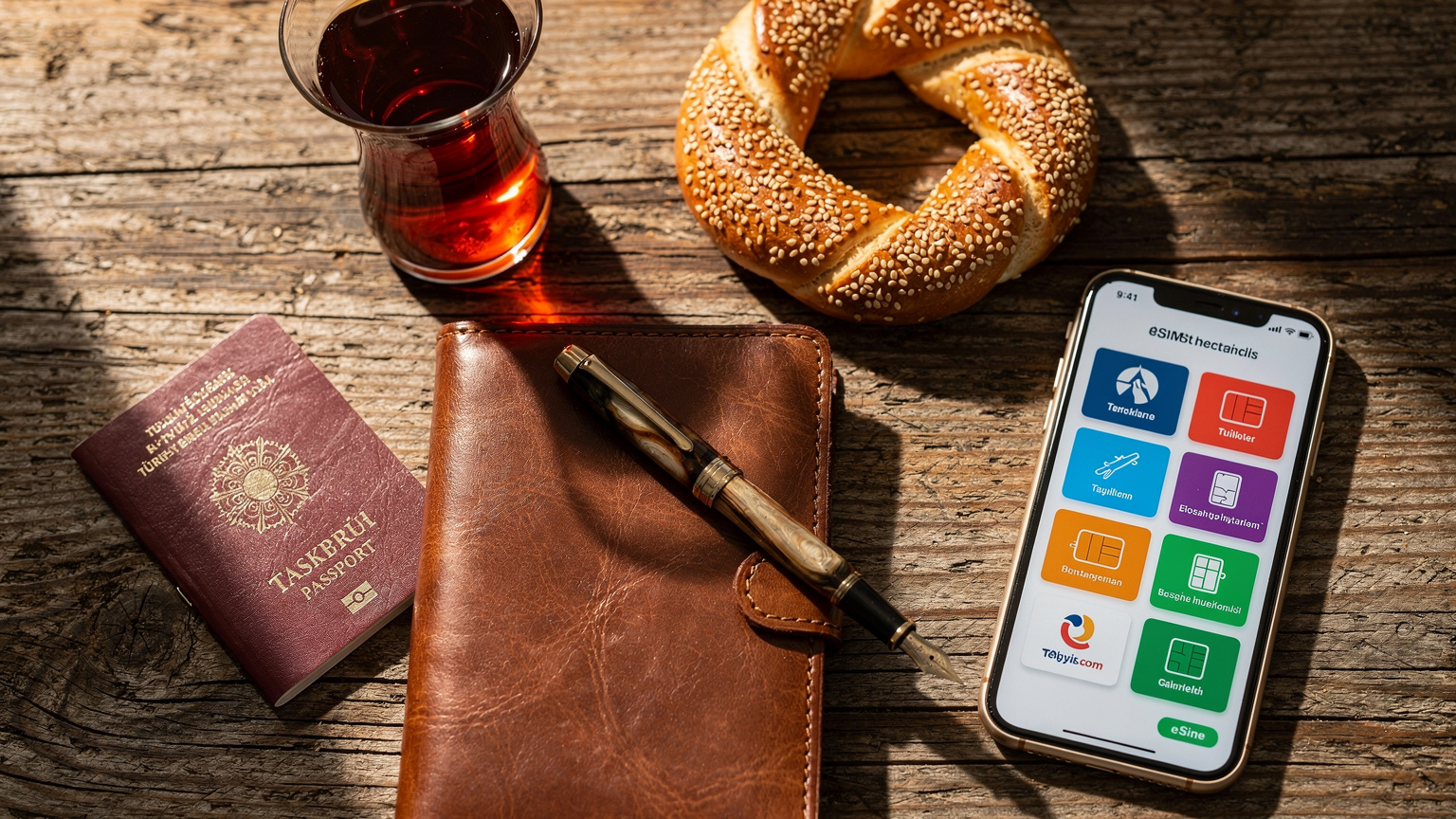 Bir seyahat yazarının çalışma masası: bir pasaport, el yapımı bir defter, kalemler ve üzerinde açık bir eSIM sağlayıcı sitesi olan bir akıllı telefon, yanında geleneksel bir Türk çay bardağı ve simit.