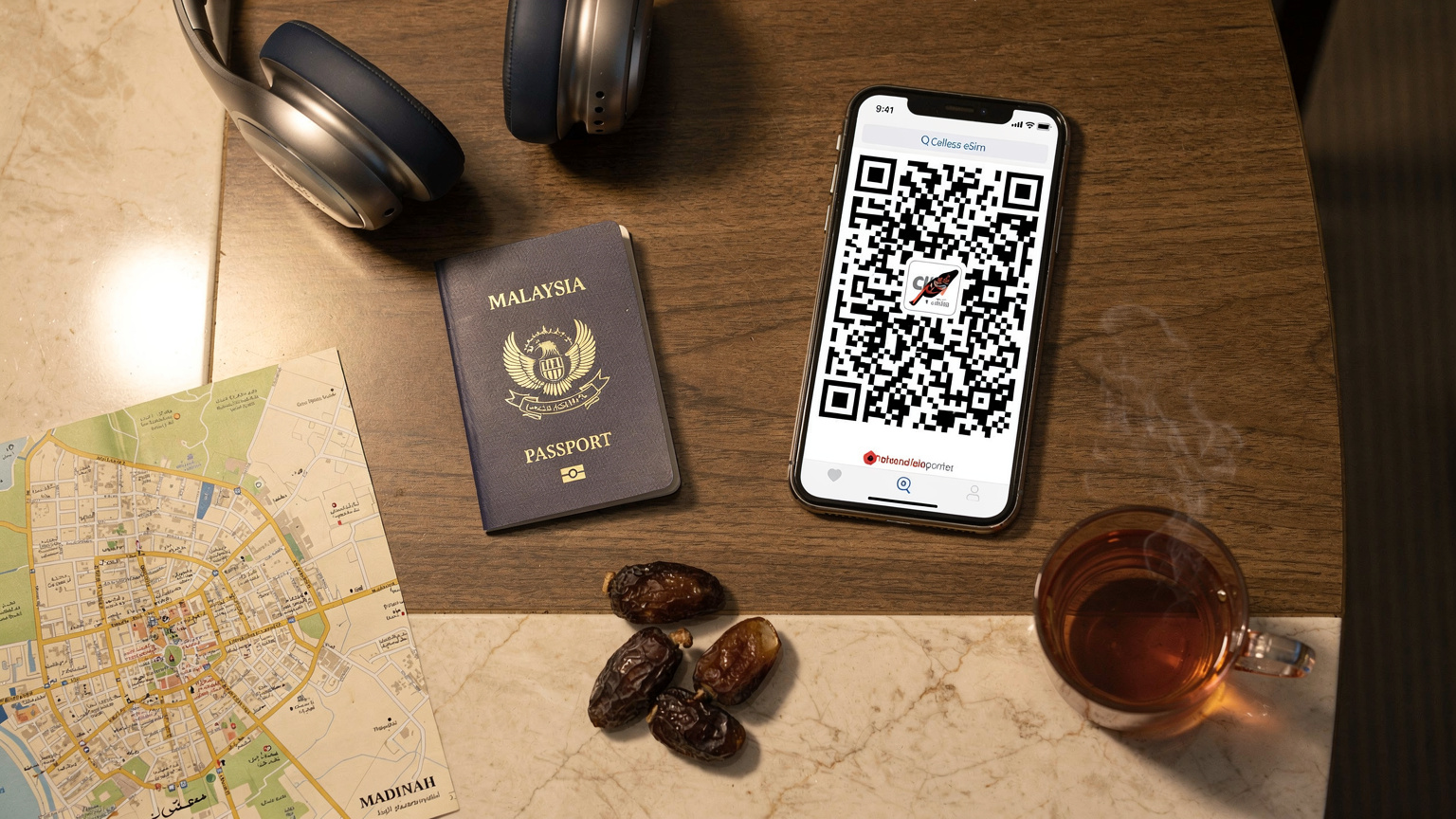 Pandangan atas meja kopi di sebuah hotel di Madinah, menunjukkan pasport Malaysia, telefon pintar dengan kod QR eSIM dipaparkan, sepasang fon kepala, dan sebahagian peta Madinah, dengan sentuhan kurma dan teh Arab.