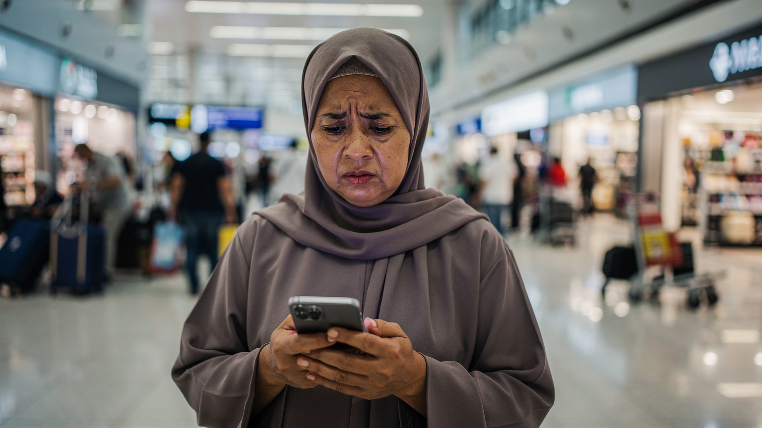 Seorang jemaah haji wanita Malaysia sedang memeriksa telefonnya dengan ekspresi bimbang di kawasan terminal Lapangan Terbang Jeddah yang sibuk, membayangkan isu sambungan yang diselesaikan oleh eSIM.