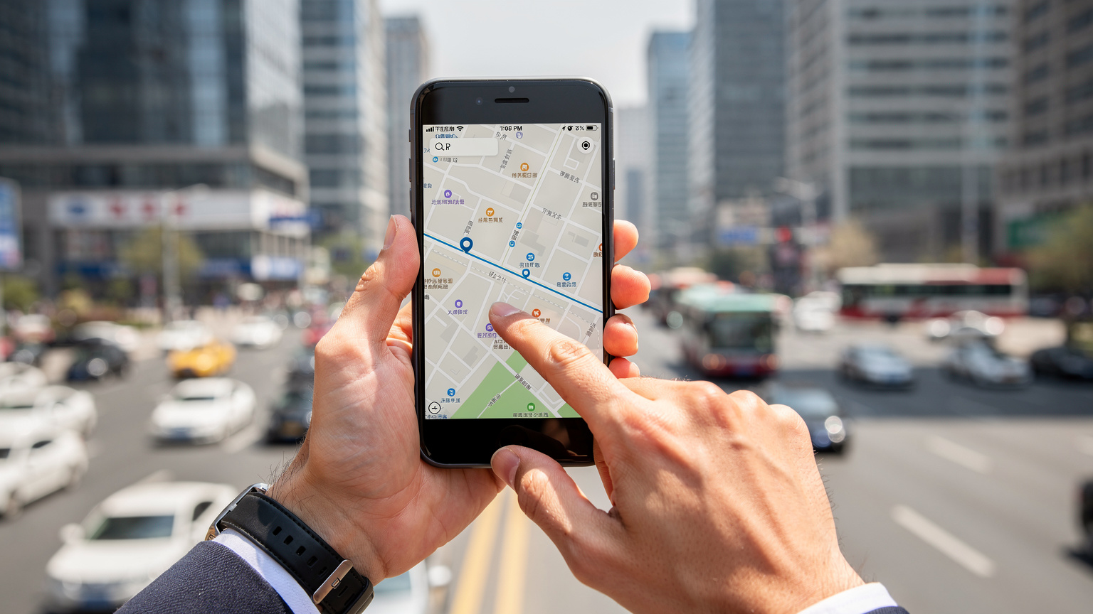 มือของนักธุรกิจกำลังปัดหน้าจอสมาร์ทโฟนที่แสดงแอปพลิเคชัน Google Maps กำลังนำทางไปตามถนนในปักกิ่ง, โดยมีฉากหลังเป็นอาคารสมัยใหม่และรถยนต์ที่เคลื่อนไหว, สื่อถึงการใช้งานที่ราบรื่นแม้ในจีน.