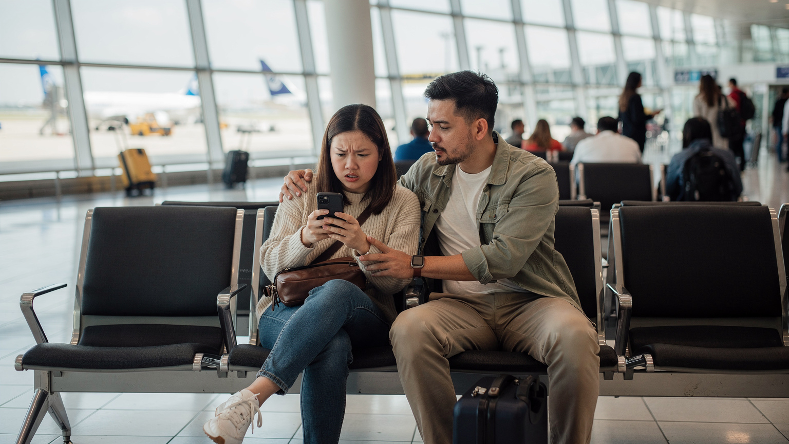 Một cặp đôi trẻ đang ngồi trên ghế dài ở sân bay Mỹ, người phụ nữ bối rối nhìn điện thoại, người đàn ông an ủi.