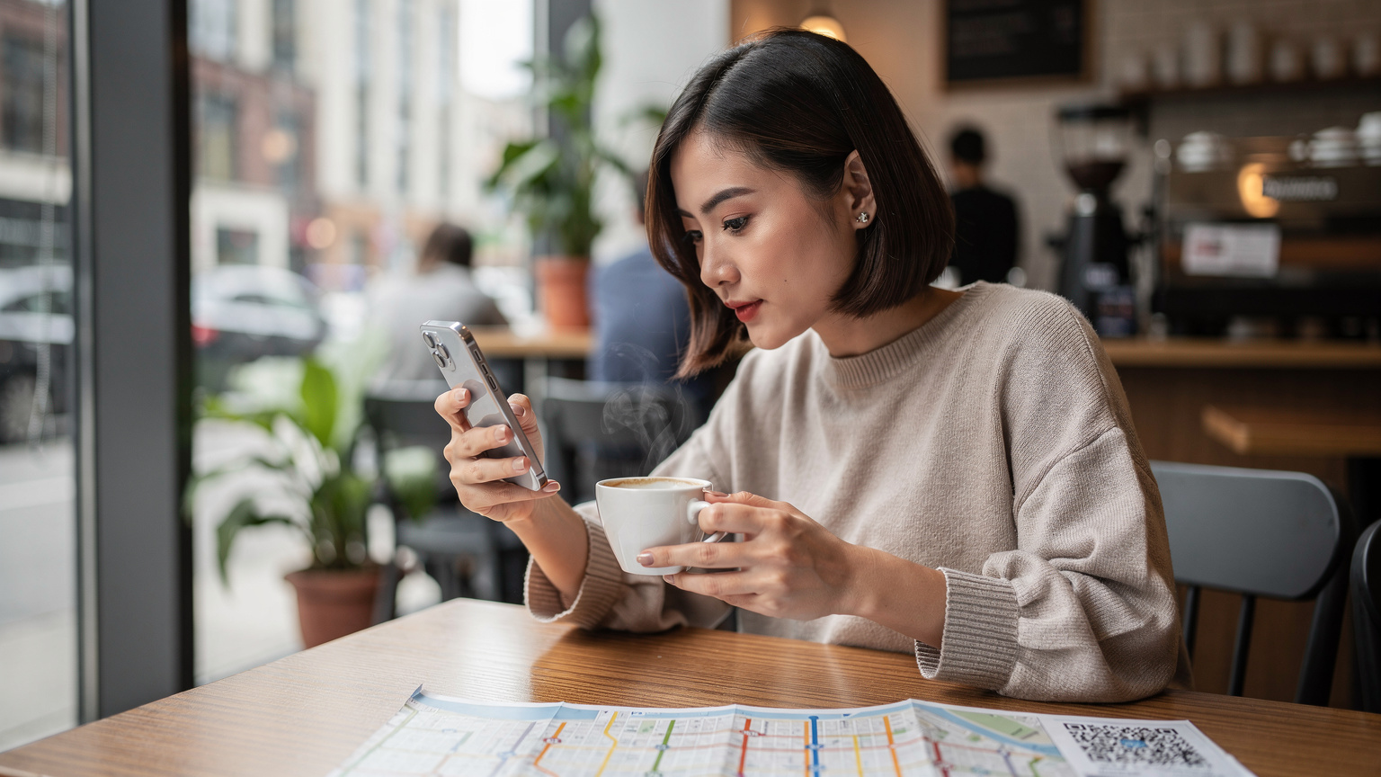 Một người phụ nữ trẻ đang quét mã QR eSIM trên màn hình điện thoại, tay kia cầm cốc cà phê, trên bàn là bản đồ du lịch.