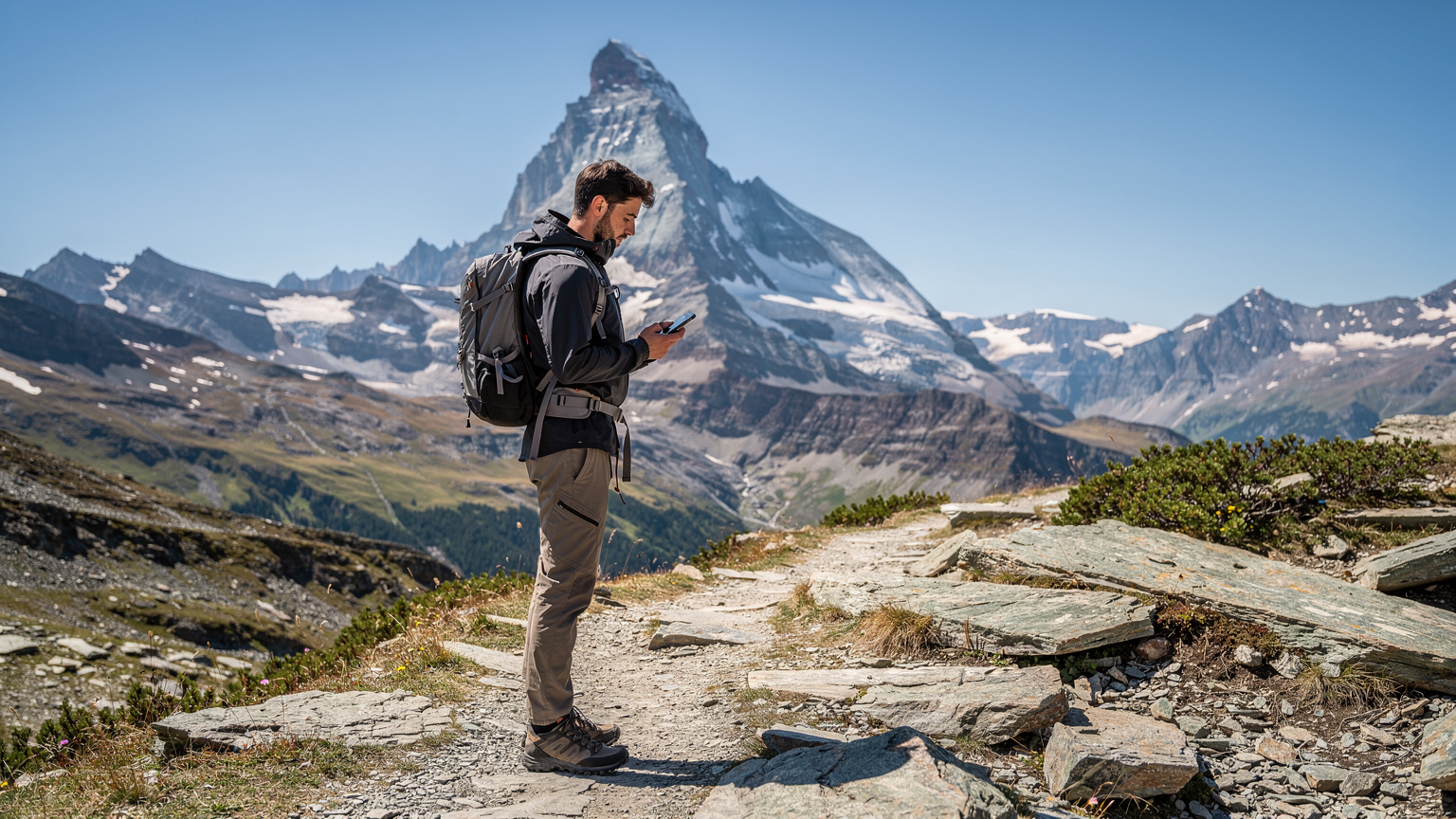 Ein Wanderer prüft auf seinem Smartphone eine Wanderroute in den Schweizer Alpen, während im Hintergrund das Matterhorn aufragt, ein Symbol für die teuren, aber atemberaubenden Kosten der Schweiz.