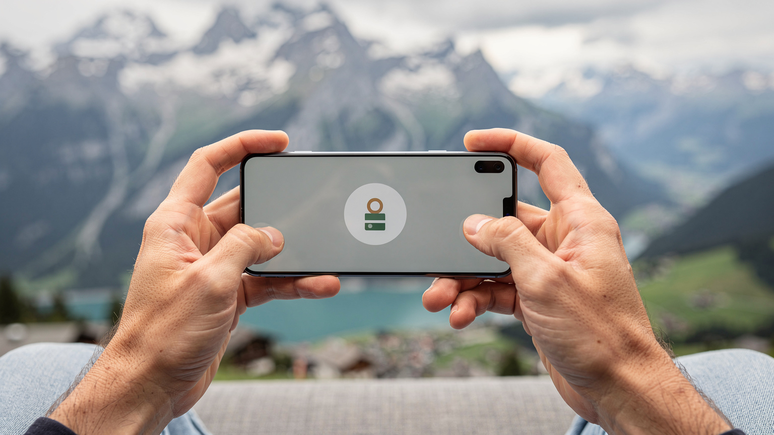 Eine Nahaufnahme zeigt Hände, die auf einem Smartphone eine Budget-App öffnen, um den Datenverbrauch und die Ausgaben für die Reise zu überprüfen, im Hintergrund unscharf eine Schweizer Berglandschaft.