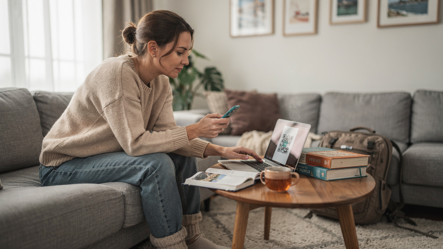 Een vrouw scant een QR-code op haar laptop met haar smartphone, terwijl ze ontspannen op een bank zit met een kop thee.