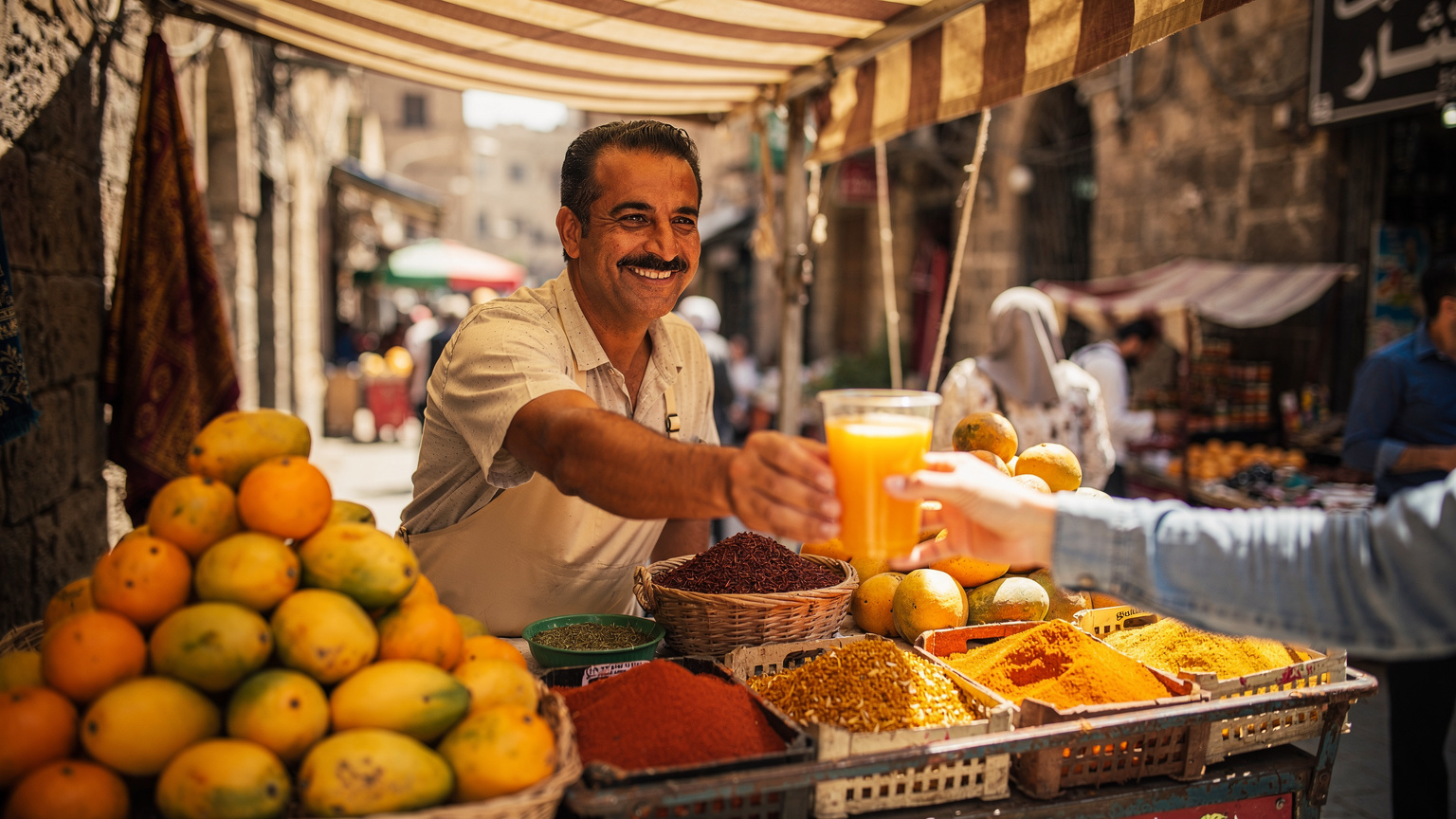 Een lokale straatverkoper in Caïro die verse mango- en sinaasappelsap verkoopt, met een vrolijke interactie met een klant.