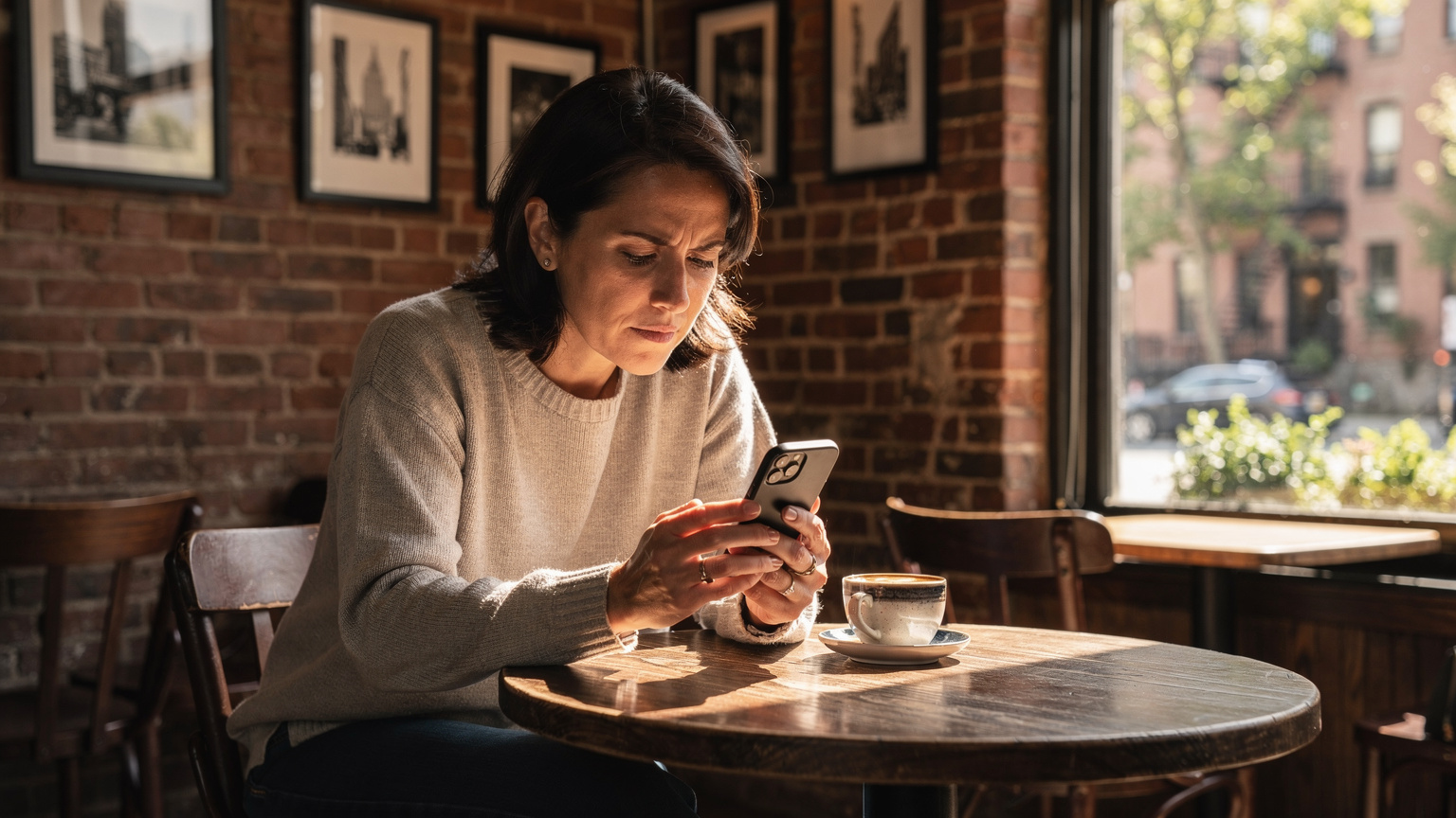 Cestovatelka se snaží aktivovat eSIM na svém telefonu, zatímco sedí v kavárně v newyorské čtvrti West Village, s ikonickými cihlovými budovami v pozadí.