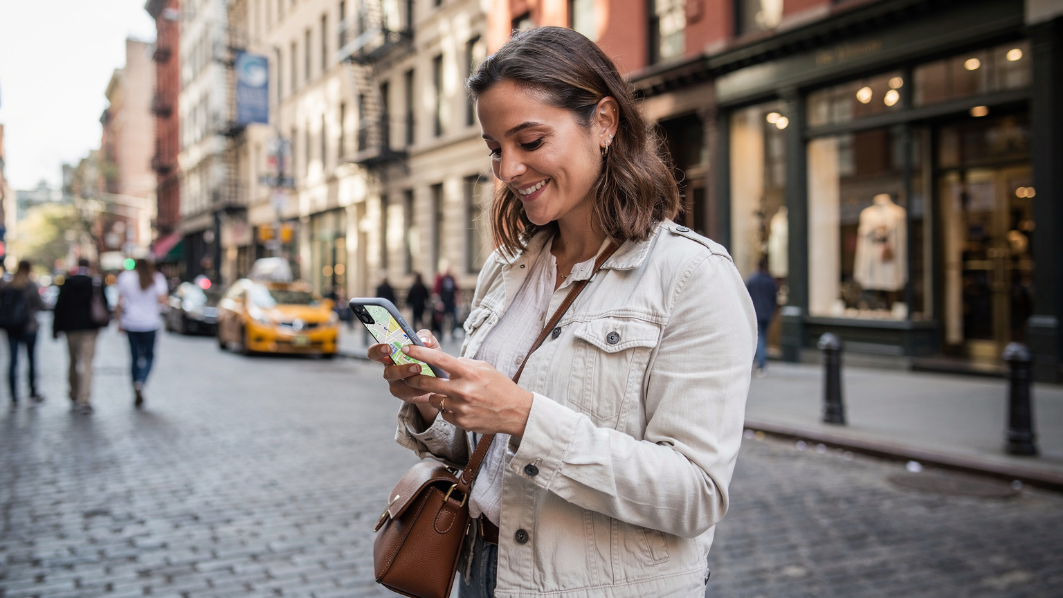 Cestovatelka se usmívá a kontroluje svůj telefon s mapou New Yorku na rušné ulici v SoHo, s ikonickými litinovými budovami v pozadí.