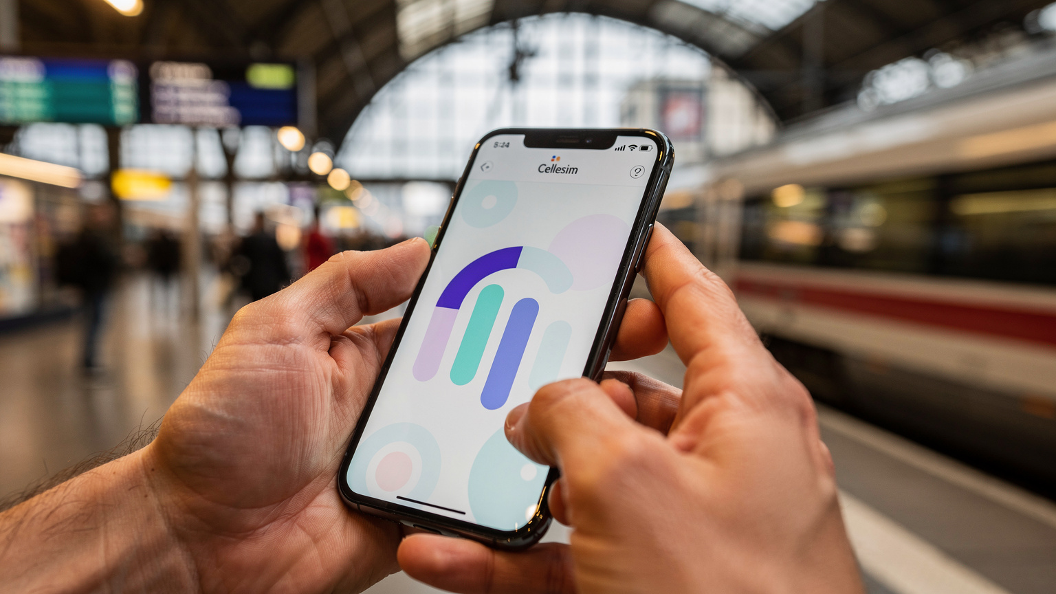 Nahaufnahme von Händen, die ein Smartphone halten, auf dem eine Cellesim-App zur Überprüfung des Datenverbrauchs in einer belebten Umgebung angezeigt wird, möglicherweise an einem Bahnhof in Deutschland.