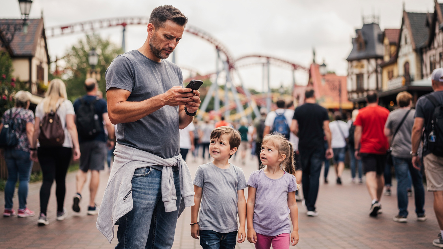 Ein Vater mit seinen zwei Kindern navigiert durch einen belebten Freizeitpark, während er auf seinem Smartphone eine eSIM-App prüft, um die Konnektivität sicherzustellen.