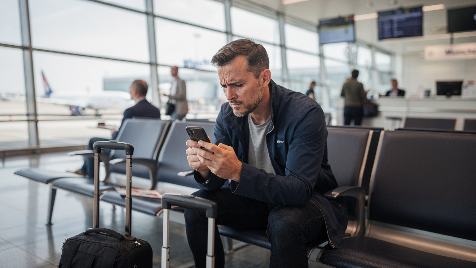 Ein verärgerter Reisender sitzt an einem Flughafen-Gate in München und hält sein Smartphone, während er versucht, eine Verbindung herzustellen, möglicherweise mit einem Problem mit der eSIM.