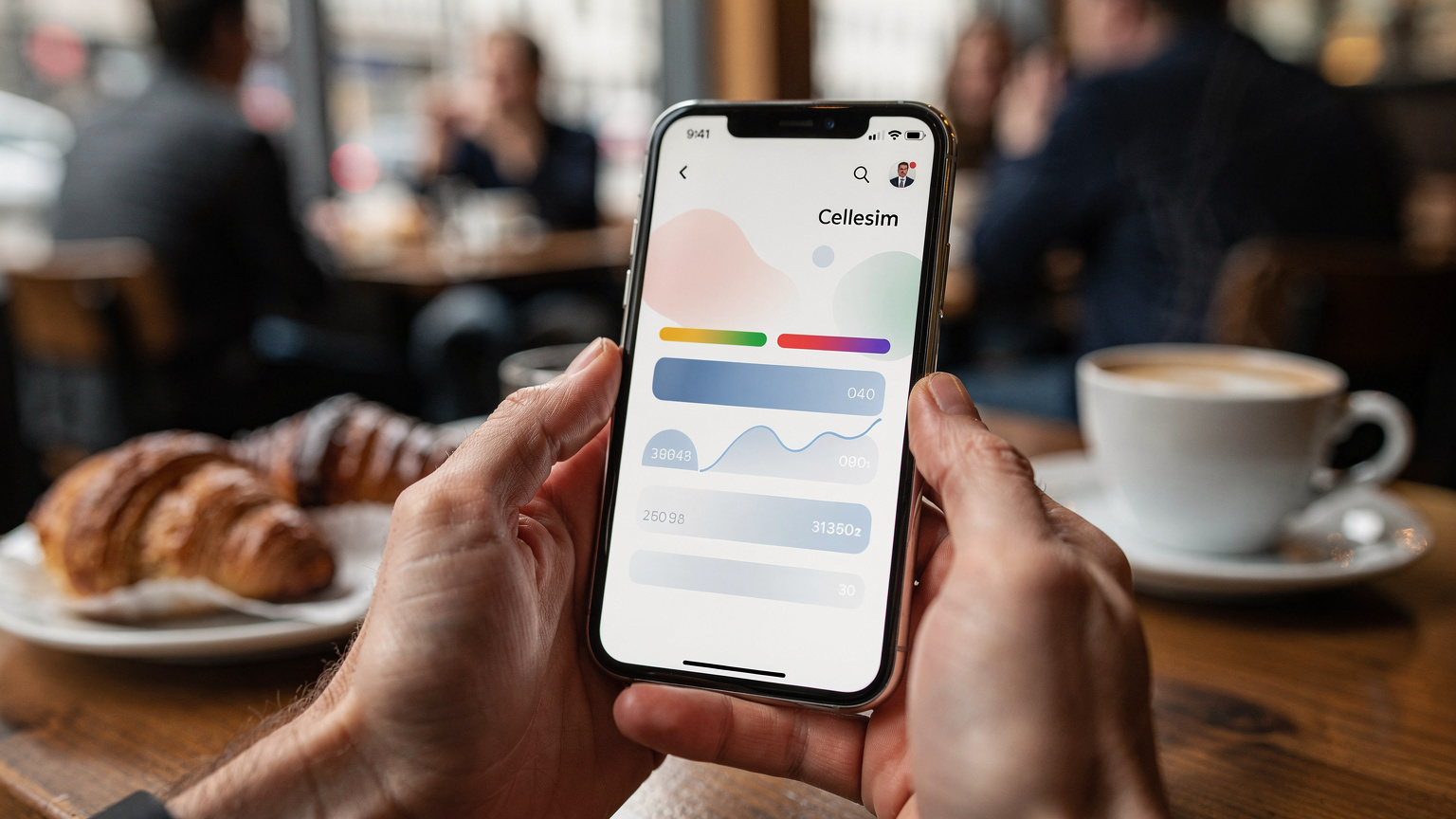 Eine Nahaufnahme eines Smartphones, das die Cellesim-App mit einer klaren und intuitiven Benutzeroberfläche zeigt, die den Datenverbrauch der Familie anzeigt, während im Hintergrund ein belebtes Café in Deutschland zu sehen ist.