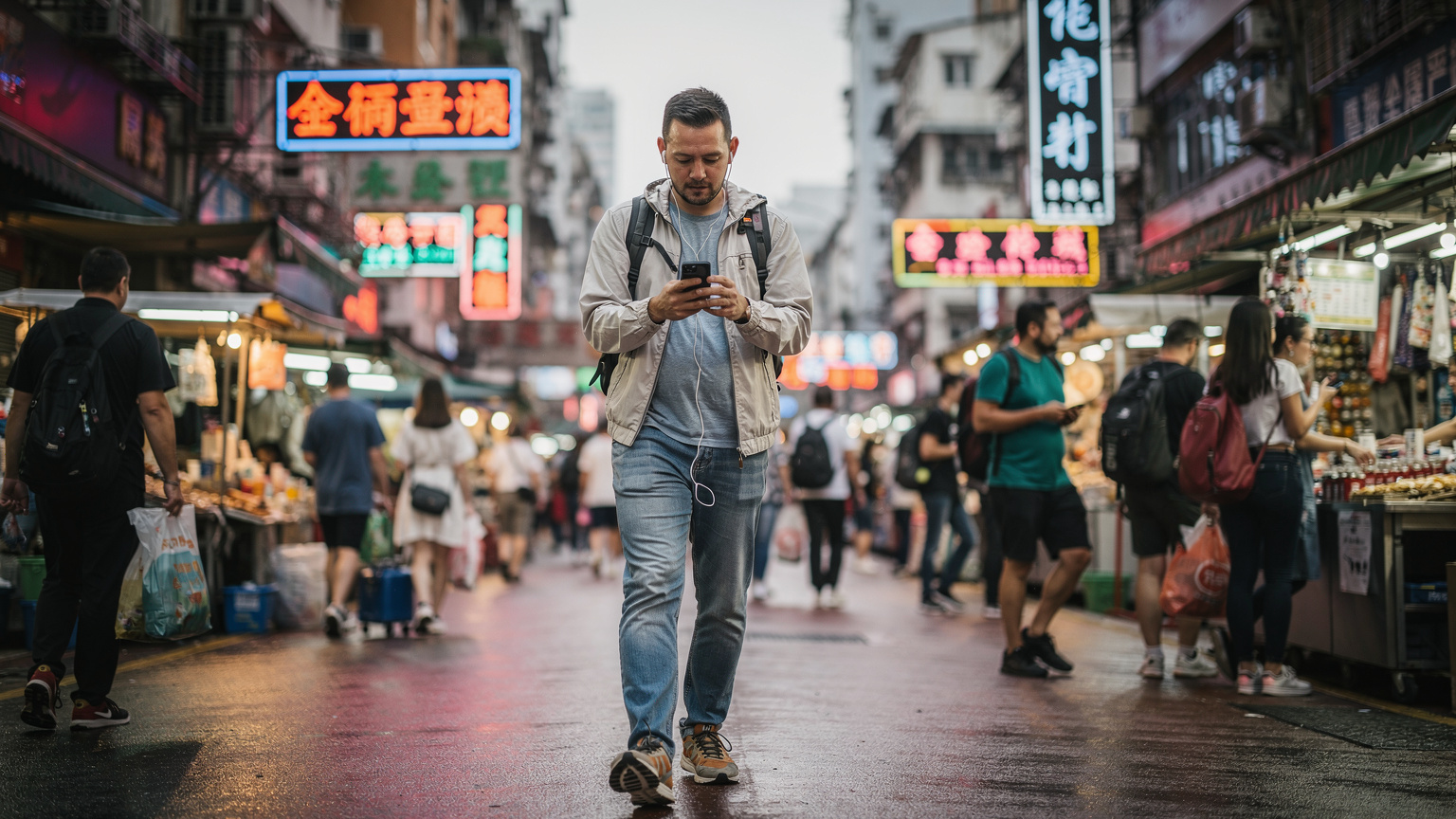 一名旅客在香港街頭使用手機地圖導航,展示了eSIM帶來的無縫連接體驗。