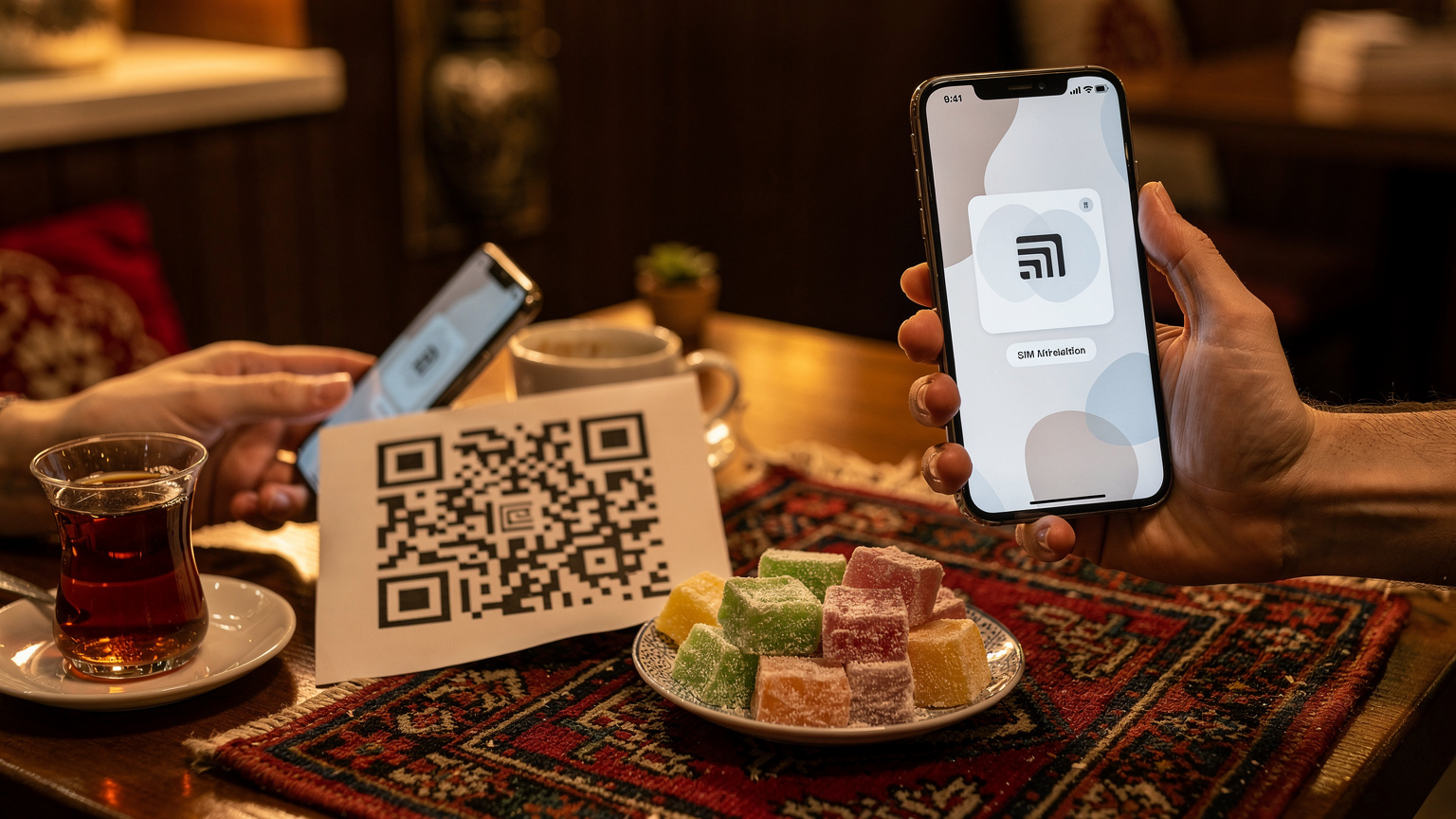 Bir akıllı telefon ekranında eSIM kurulum sihirbazı açık, bir el QR kodunu taramak üzere telefonunu tutuyor. Arka planda geleneksel Türk çayı ve lokumu olan bir masa var.