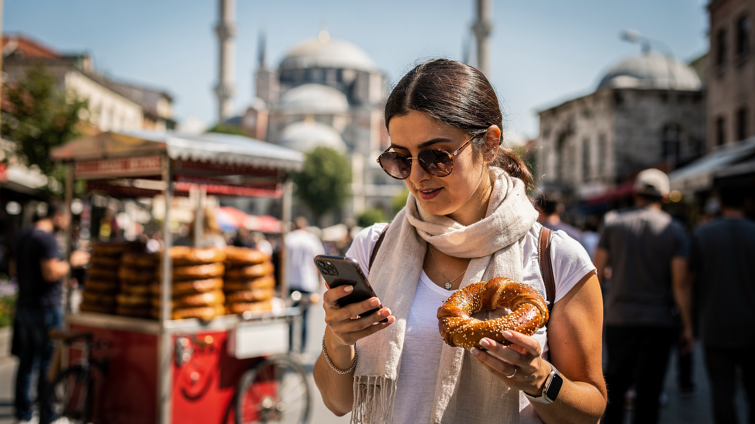 Bir gezgin, İstanbul'un tarihi dokusunda telefonundaki haritayı kontrol ederken, yerel bir simitçiden yeni aldığı simidin tadını çıkarıyor.